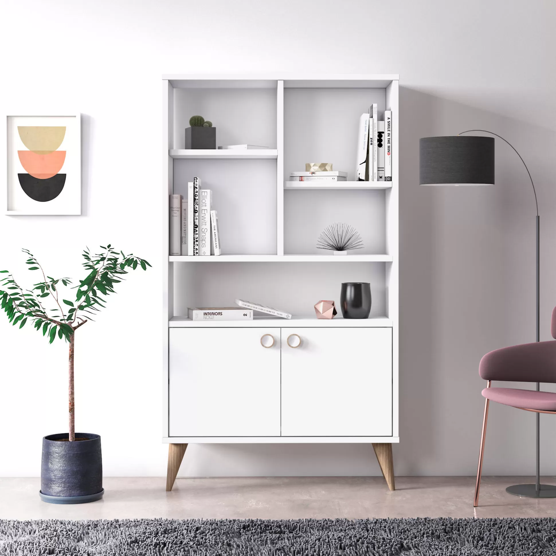 Dmora Librerie<Libreria con due ante battenti e cinque scomparti aperti, cm 75 x 25 x 131, colore