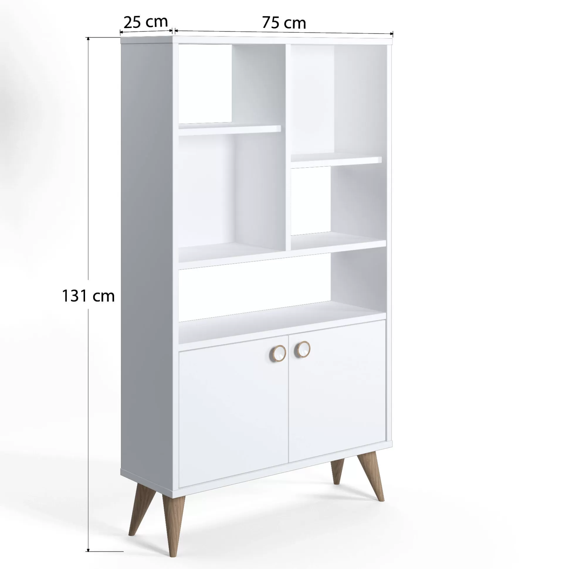 Dmora Librerie<Libreria con due ante battenti e cinque scomparti aperti, cm 75 x 25 x 131, colore