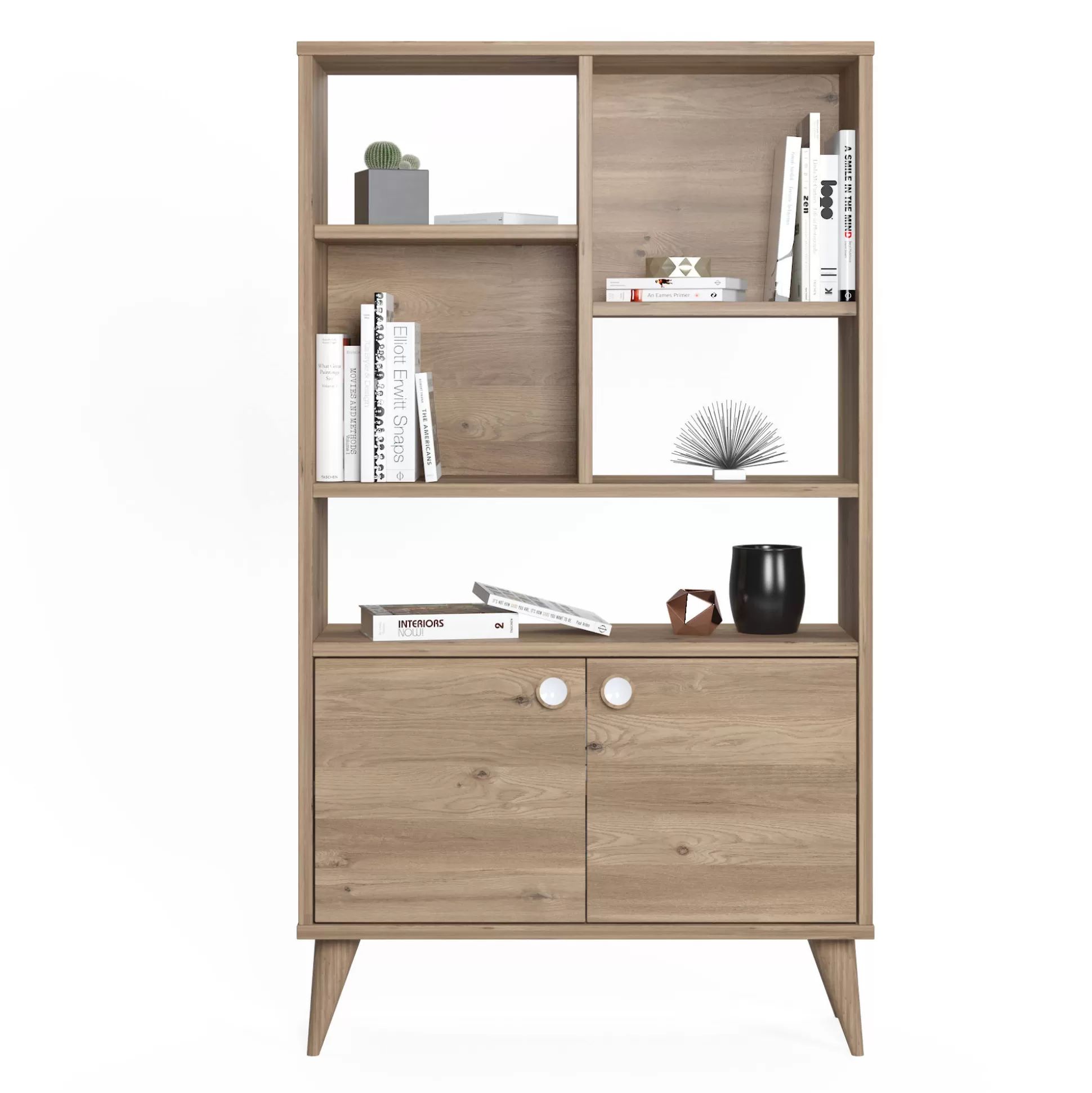 Dmora Librerie<Libreria con due ante battenti e cinque scomparti aperti, cm 75 x 25 x 131, colore