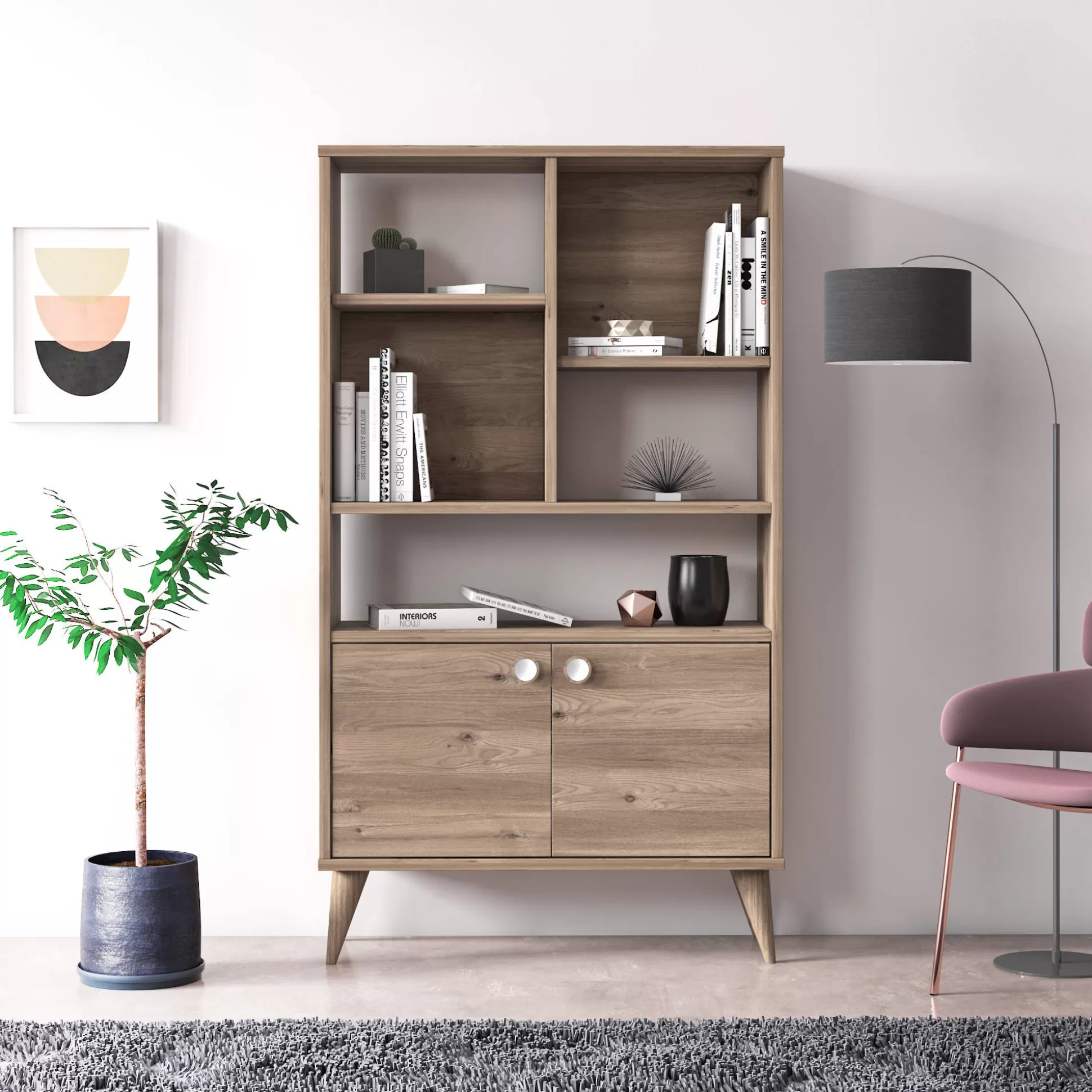 Dmora Librerie<Libreria con due ante battenti e cinque scomparti aperti, cm 75 x 25 x 131, colore