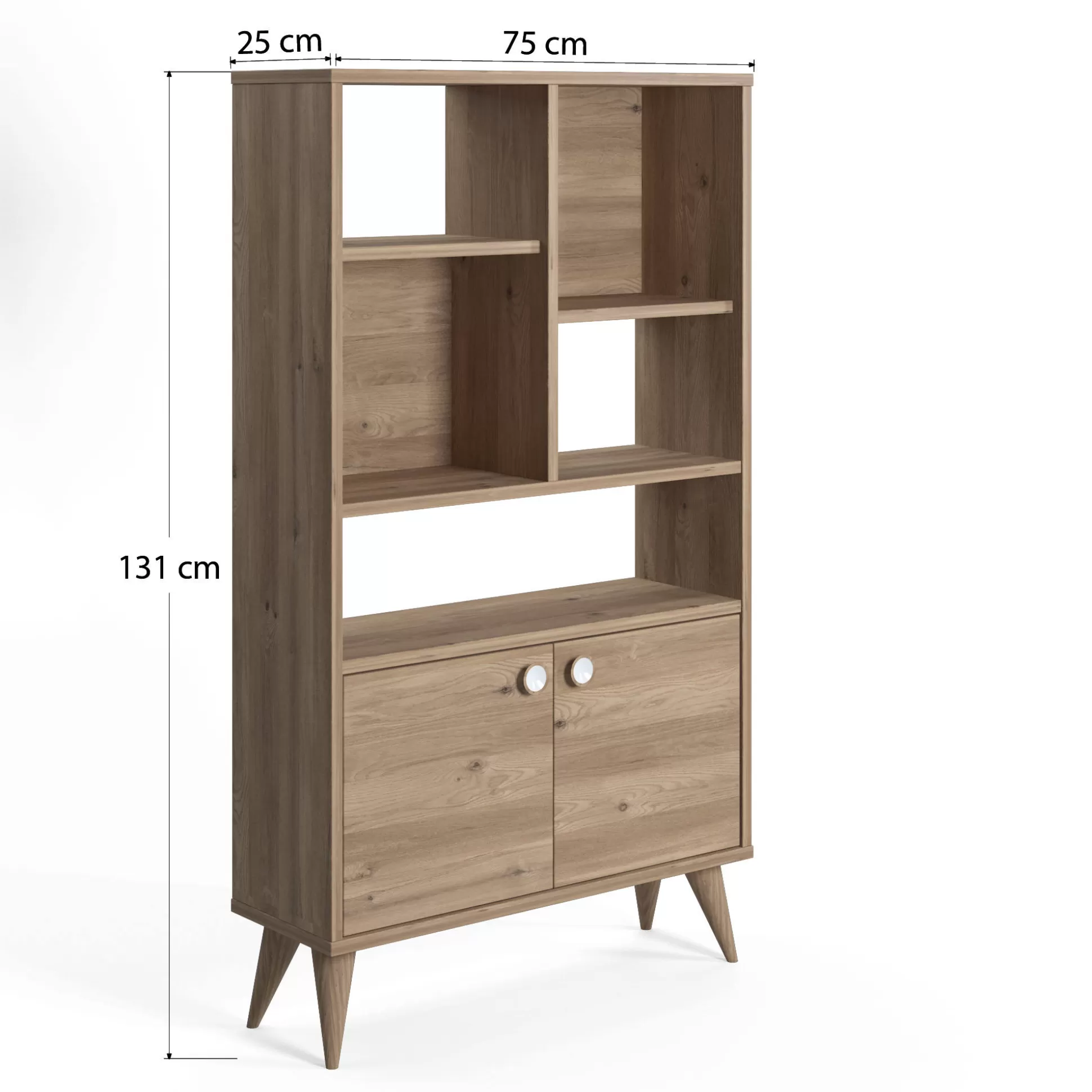 Dmora Librerie<Libreria con due ante battenti e cinque scomparti aperti, cm 75 x 25 x 131, colore