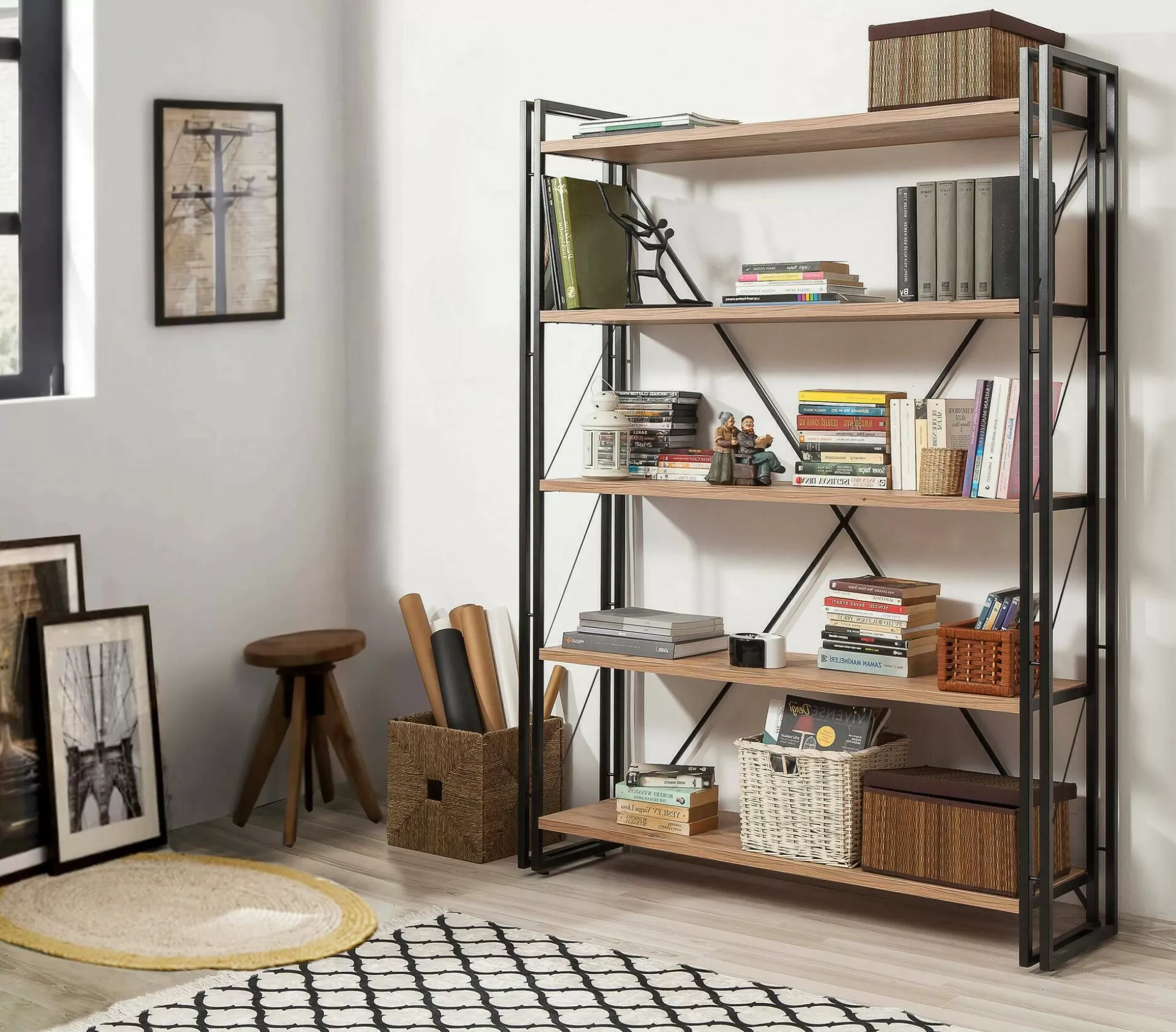Dmora Librerie<Libreria Demetria, Quercia e Nero, 130x35h180 cm