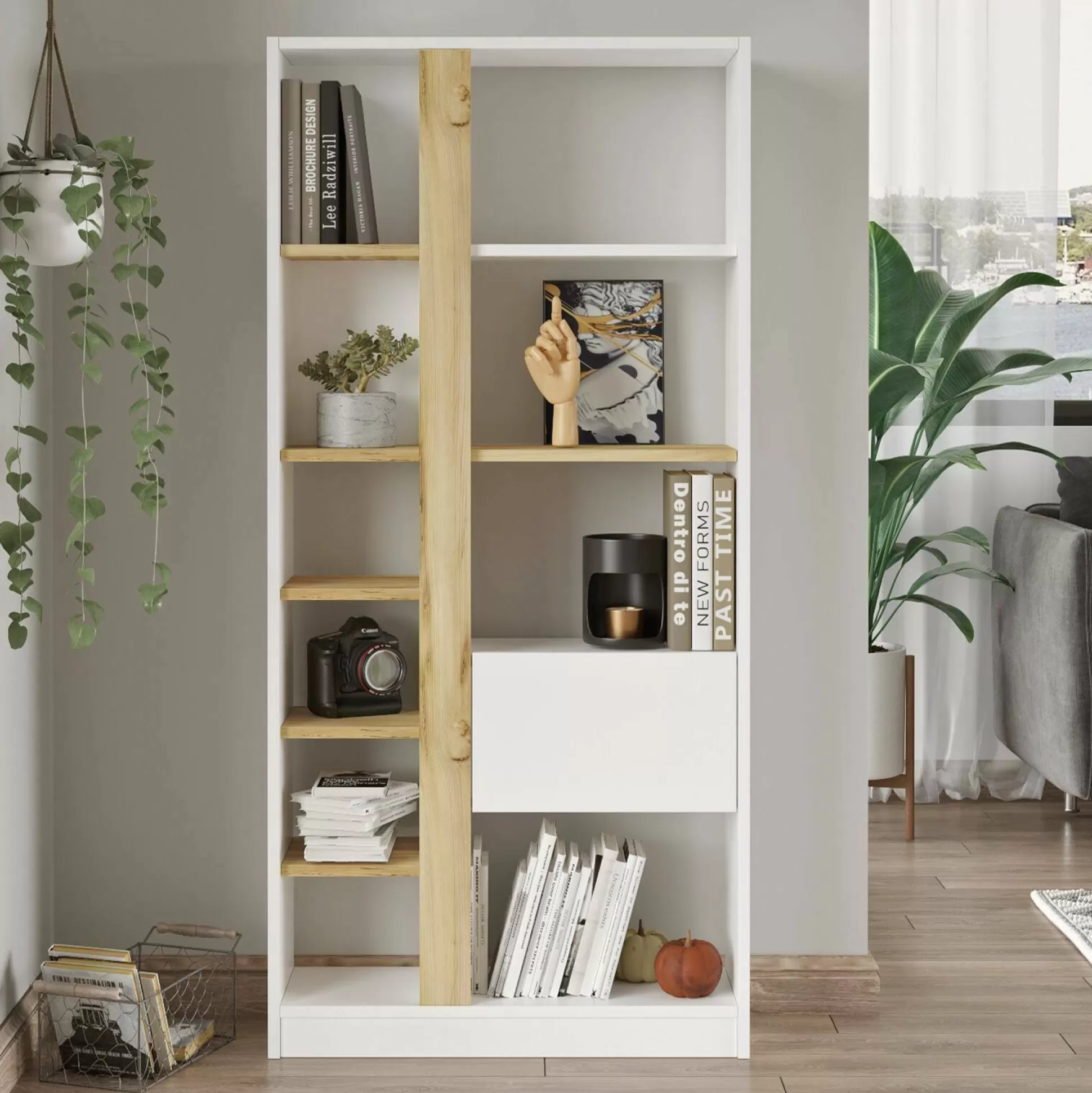 Dmora Librerie<Libreria Dmandorlin, 76x25 h160 cm, Quercia e Bianco