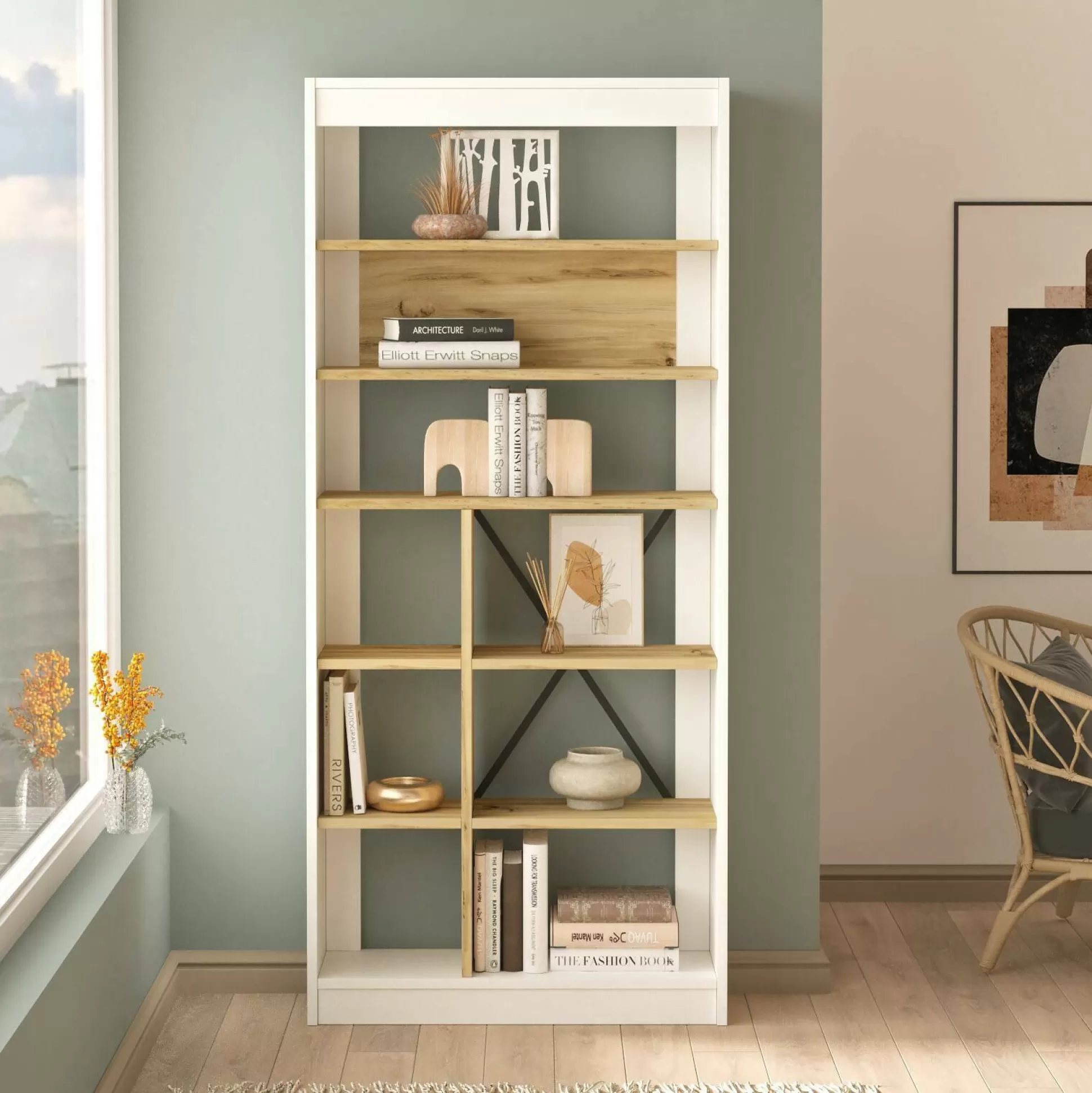 Dmora Librerie<Libreria Emong, 76x25 h170 cm, Quercia e Bianco