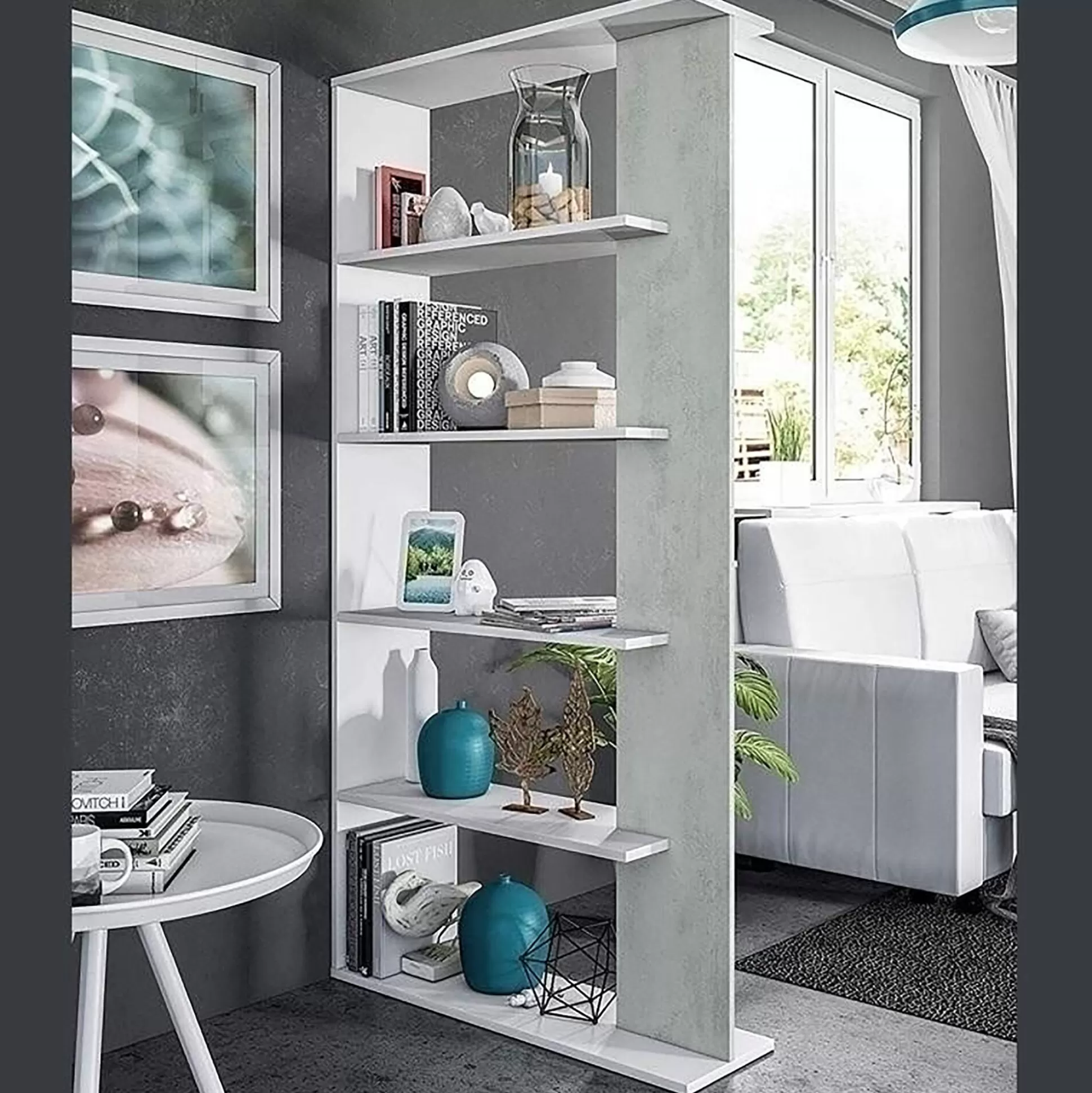 Dmora Librerie<Libreria Eolo, 90x25h180 cm, Bianco e Cemento