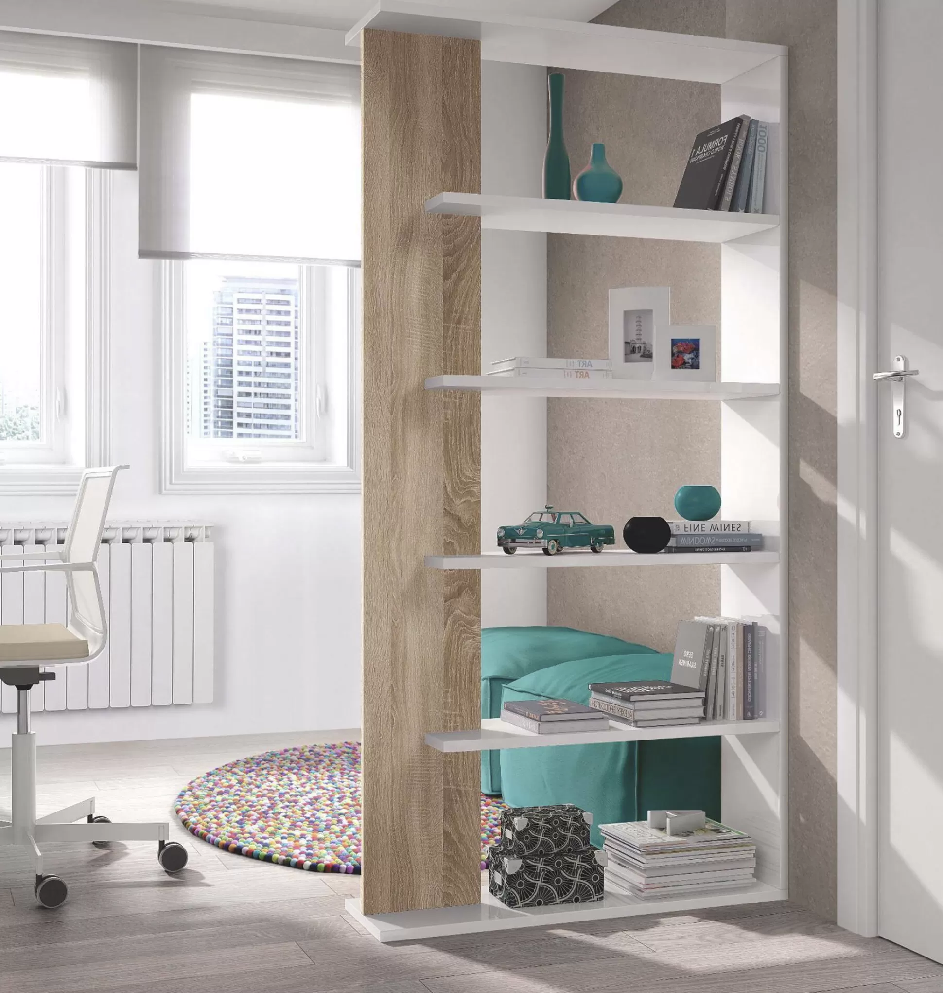 Dmora Librerie<Libreria Eolo, 90x25h180 cm, Bianco e Rovere