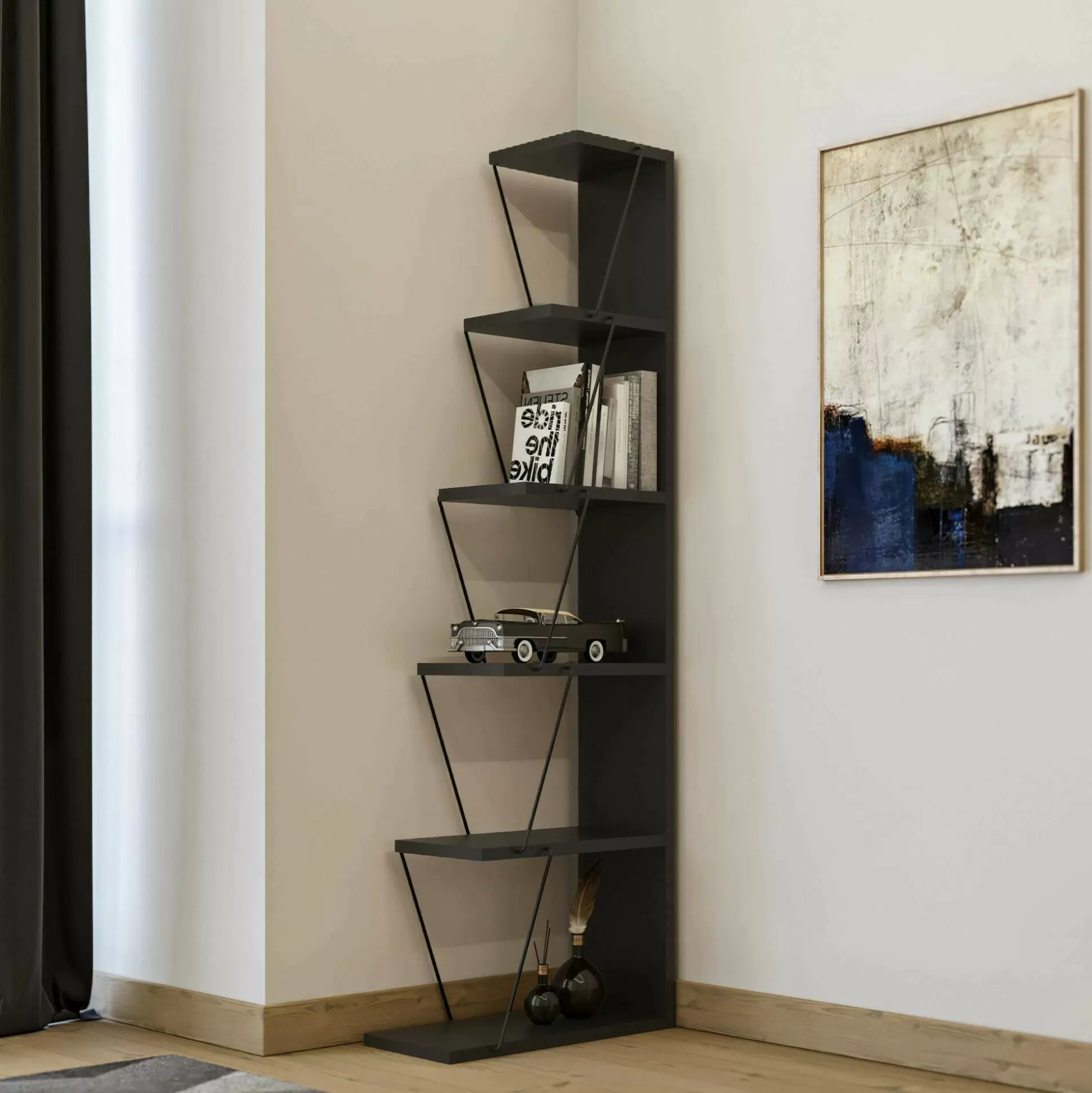Dmora Librerie<Libreria Erminia, 50x22h150 cm, Antracite e Nero