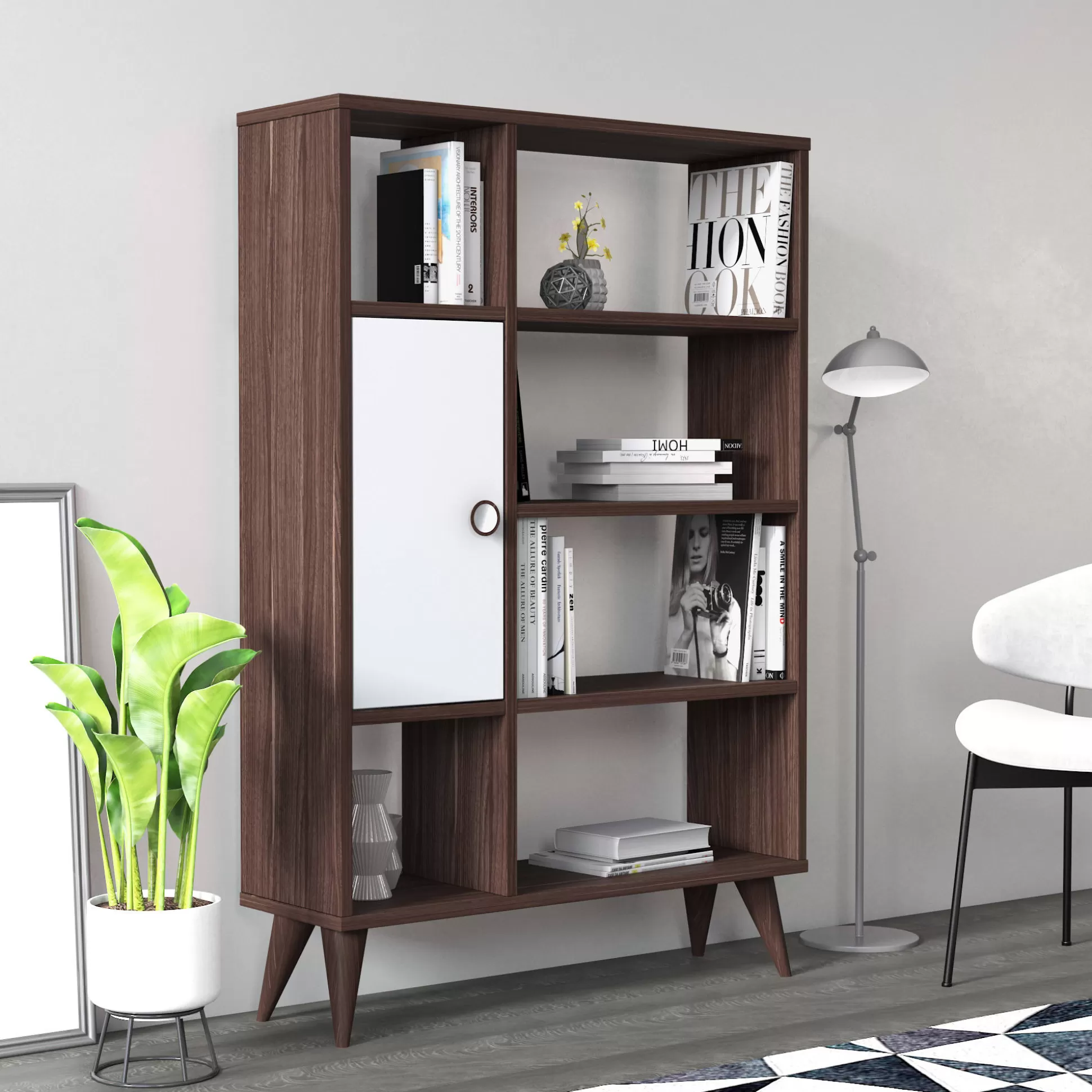 Dmora Librerie<Libreria essenziale con sei scomparti aperti e un'anta battente, cm 80 x 25 x 121, colore con dettaglio bianco