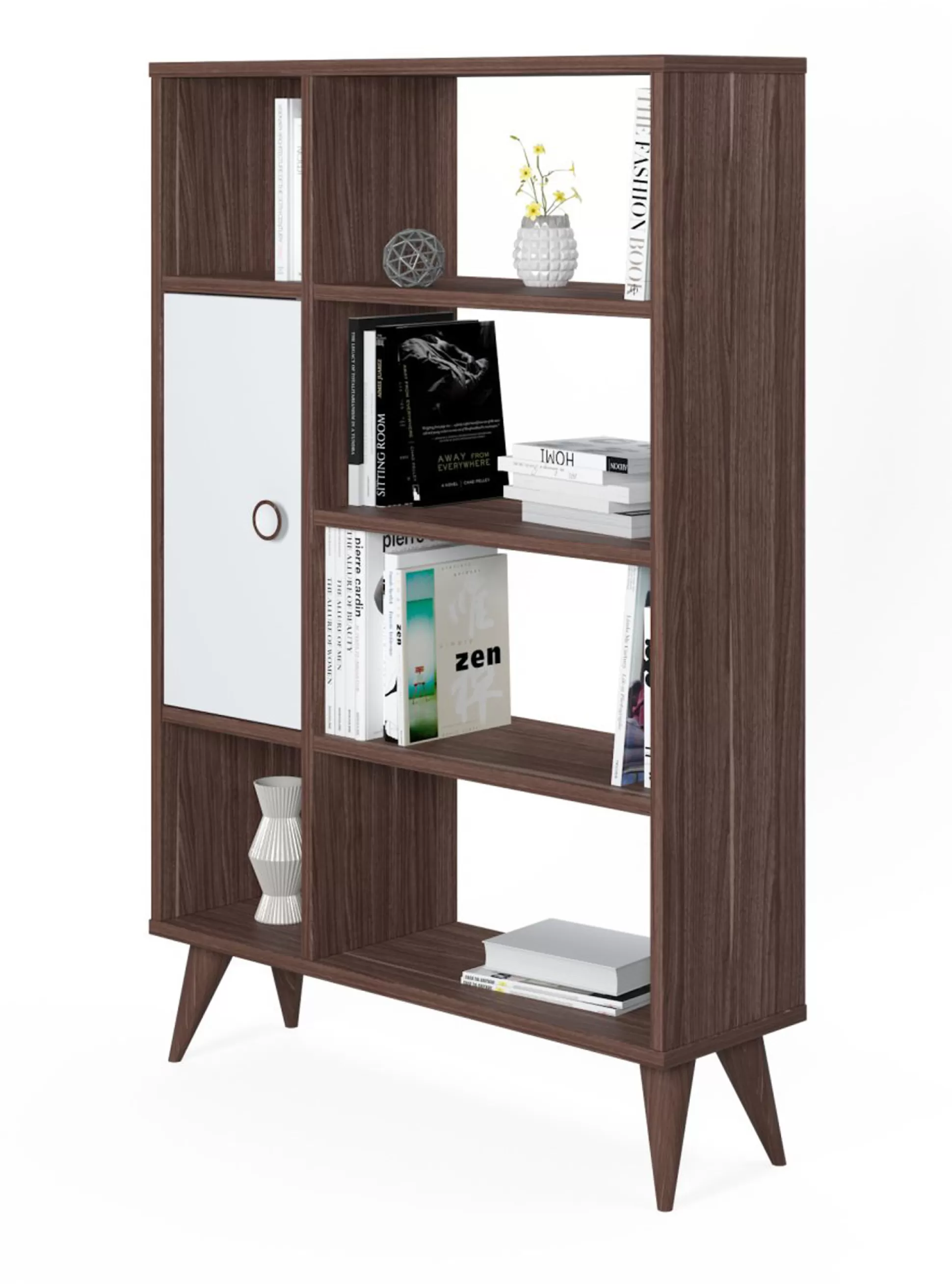 Dmora Librerie<Libreria essenziale con sei scomparti aperti e un'anta battente, cm 80 x 25 x 121, colore con dettaglio bianco