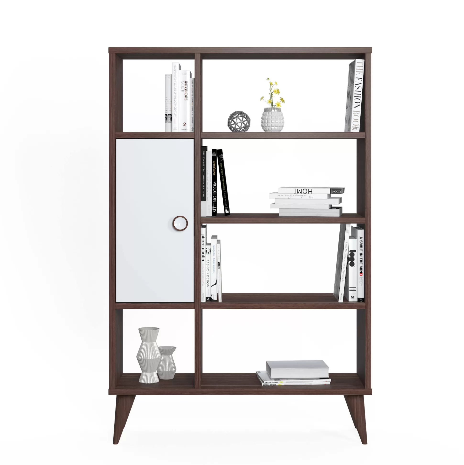 Dmora Librerie<Libreria essenziale con sei scomparti aperti e un'anta battente, cm 80 x 25 x 121, colore con dettaglio bianco