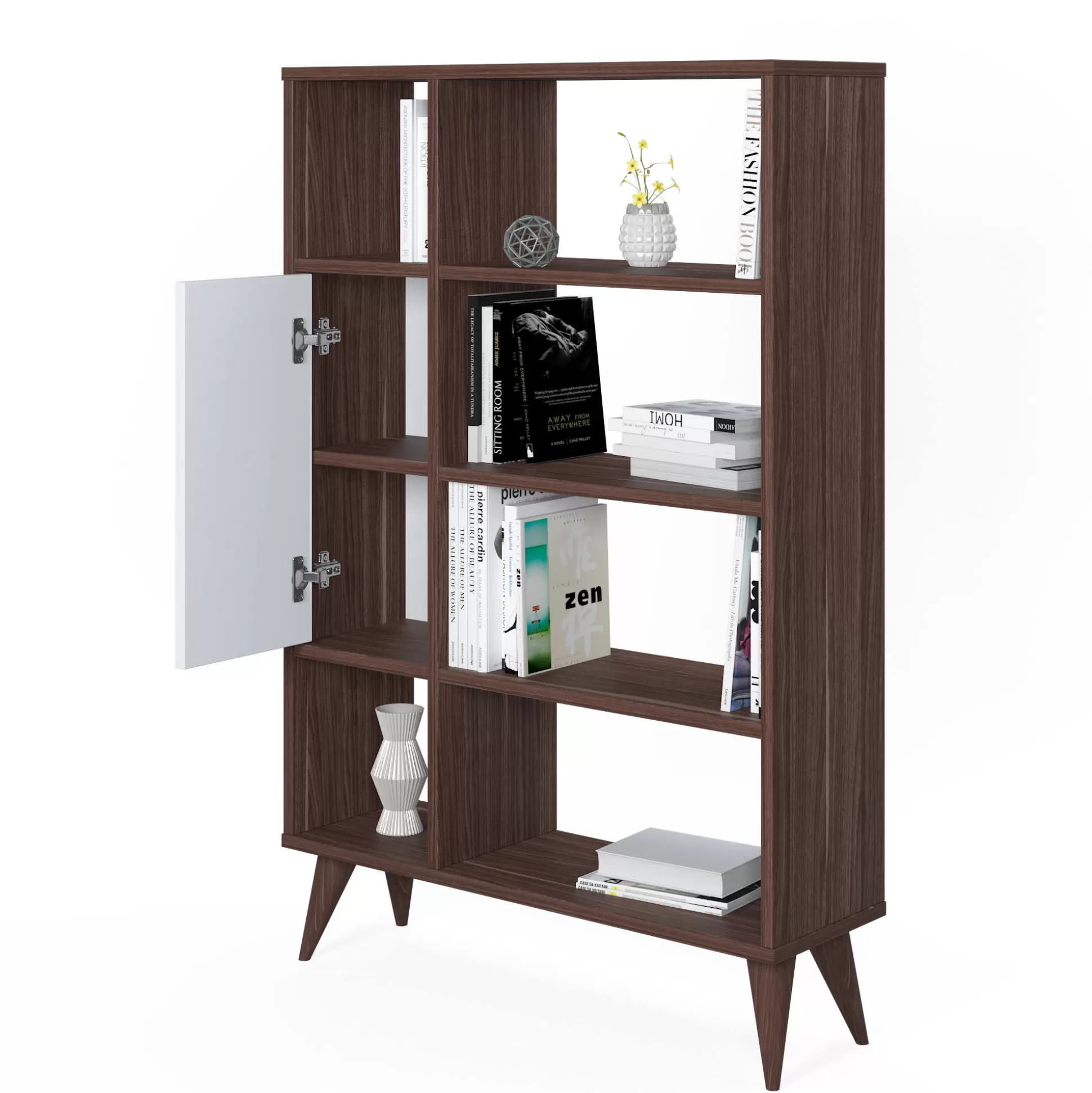 Dmora Librerie<Libreria essenziale con sei scomparti aperti e un'anta battente, cm 80 x 25 x 121, colore con dettaglio bianco
