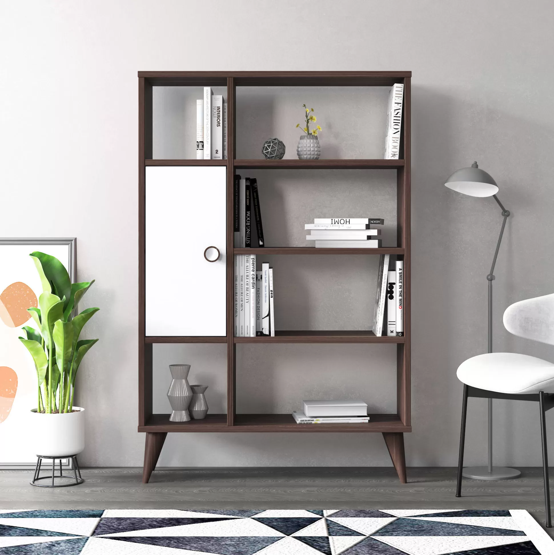 Dmora Librerie<Libreria essenziale con sei scomparti aperti e un'anta battente, cm 80 x 25 x 121, colore con dettaglio bianco