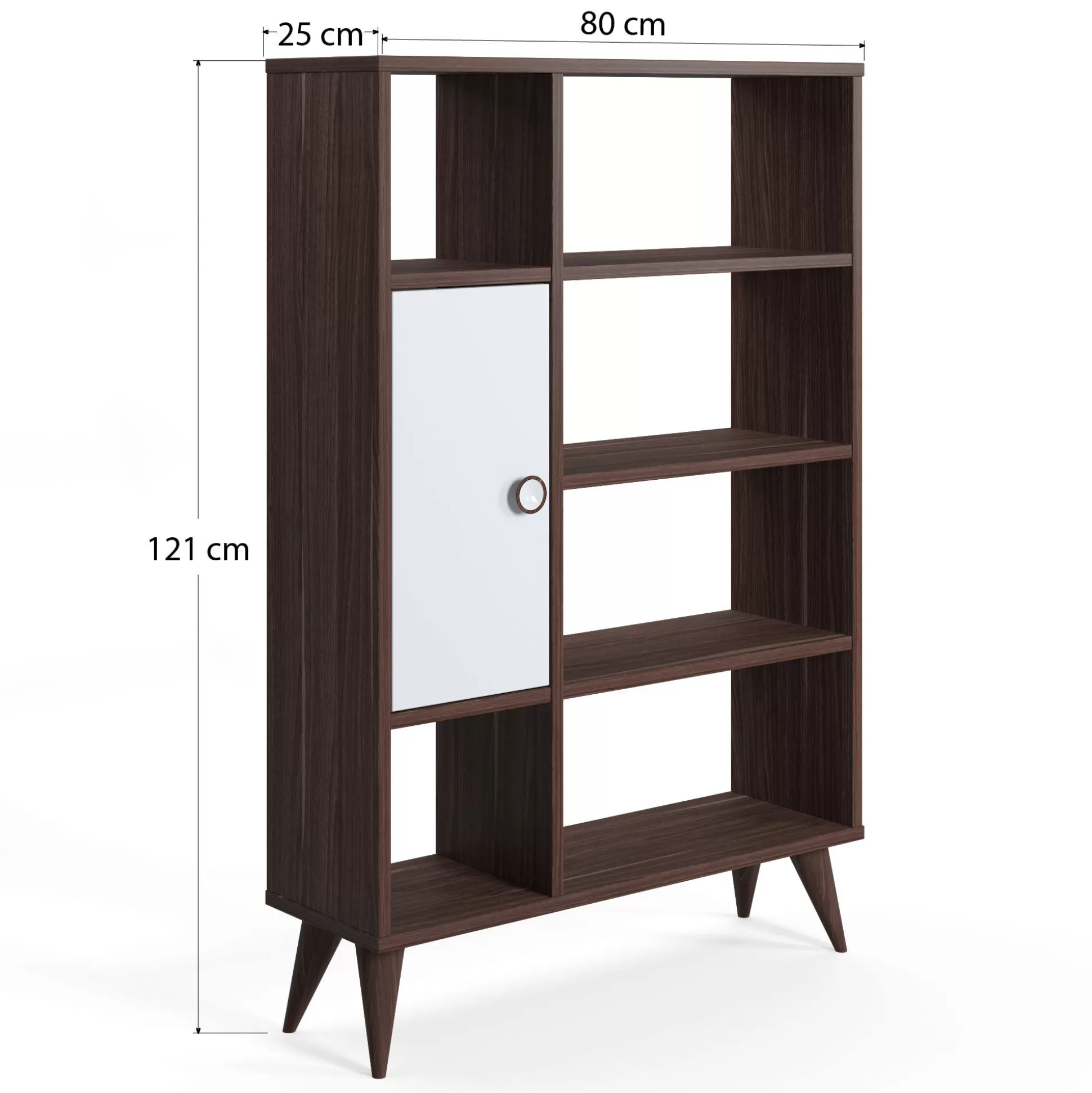 Dmora Librerie<Libreria essenziale con sei scomparti aperti e un'anta battente, cm 80 x 25 x 121, colore con dettaglio bianco