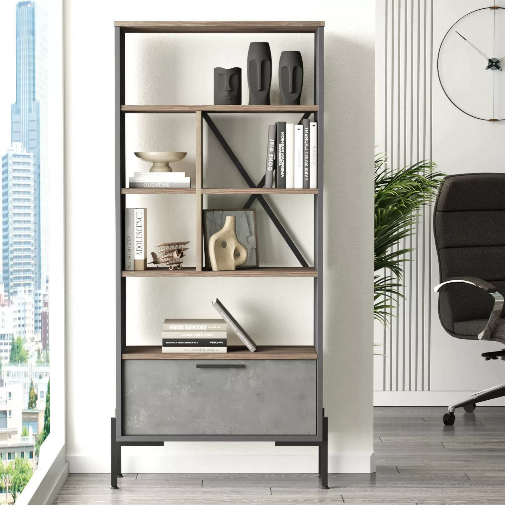 Dmora Librerie<Libreria Fabrice, 76x45 h161 cm, Marrone e Grigio