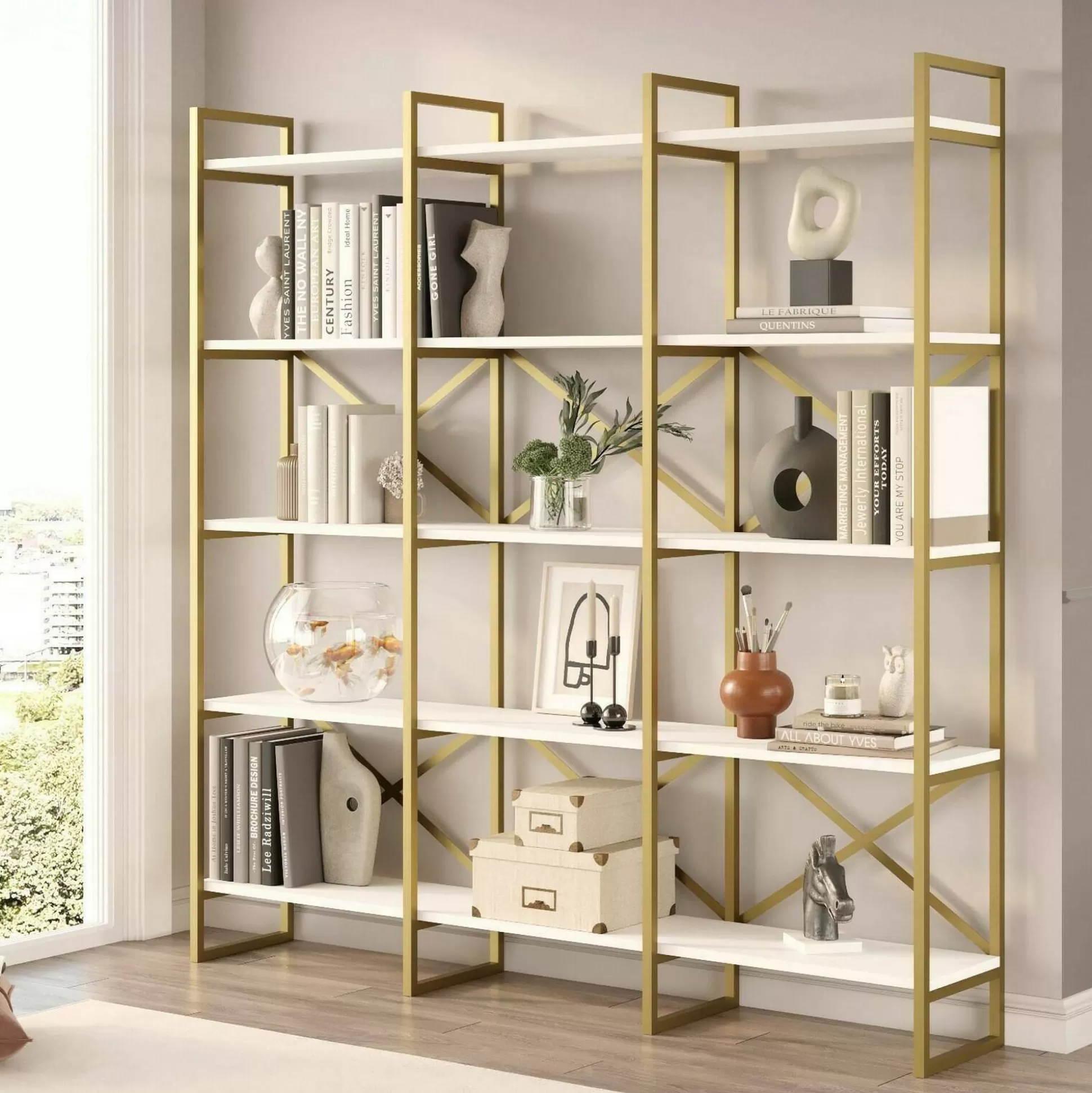 Dmora Librerie<Libreria Gauro, 170x30h175 cm, Bianco e Oro