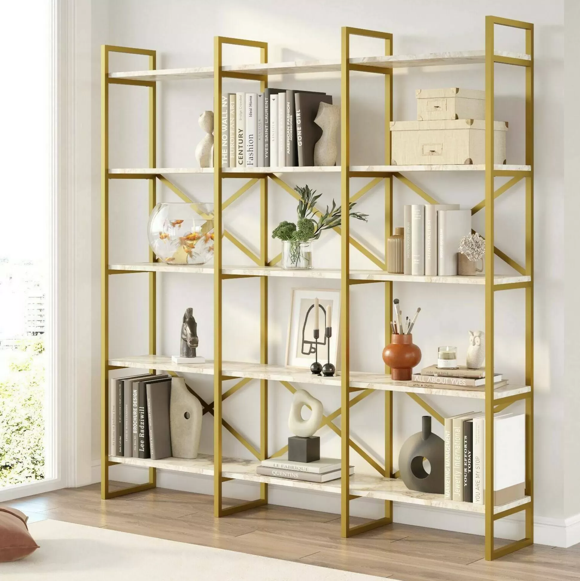 Dmora Librerie<Libreria Gauro, 170x30h175 cm, Bianco e Oro