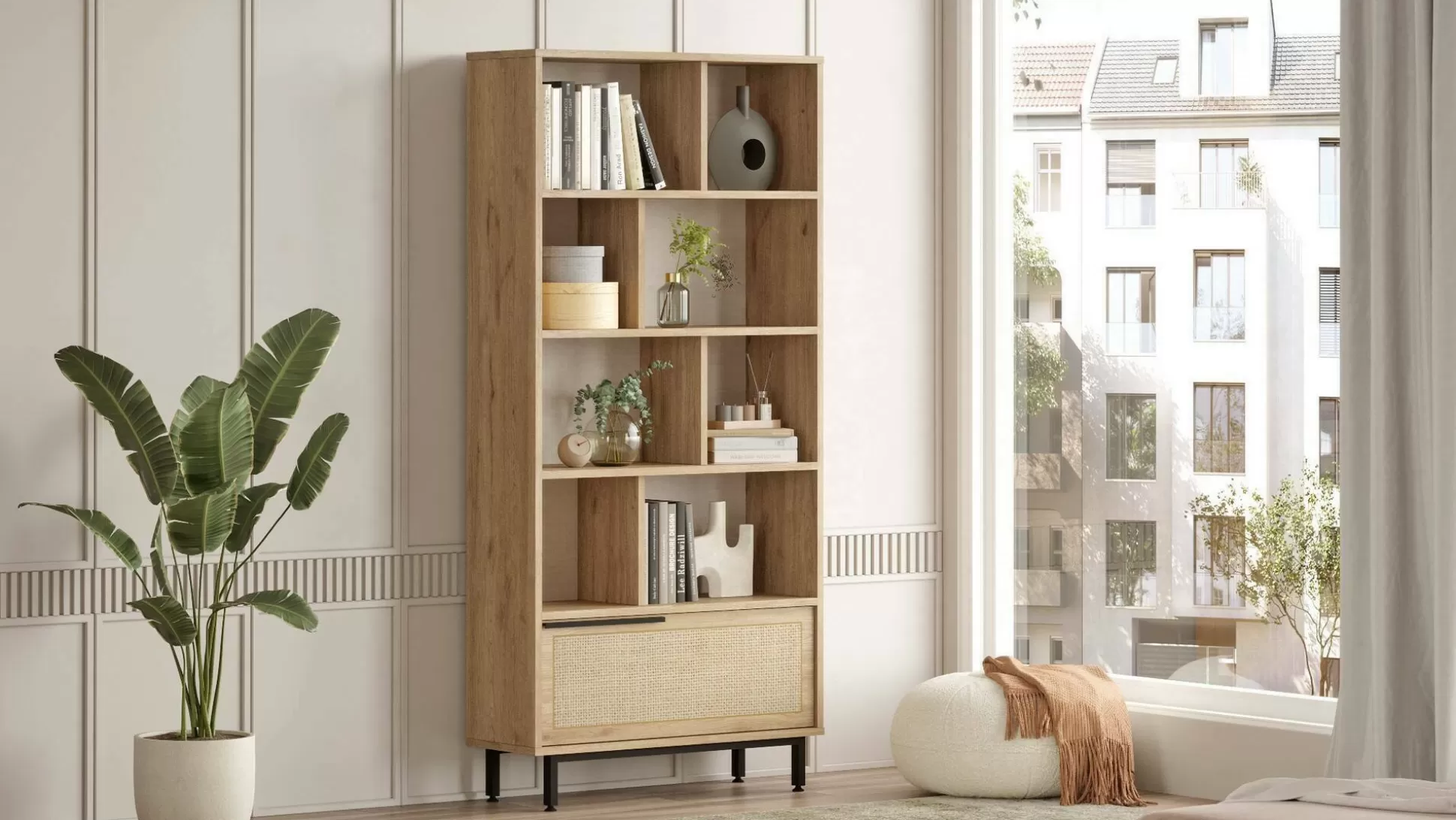 Dmora Librerie<Libreria Gerusalem, 84x30 h176 cm, Noce e Quercia