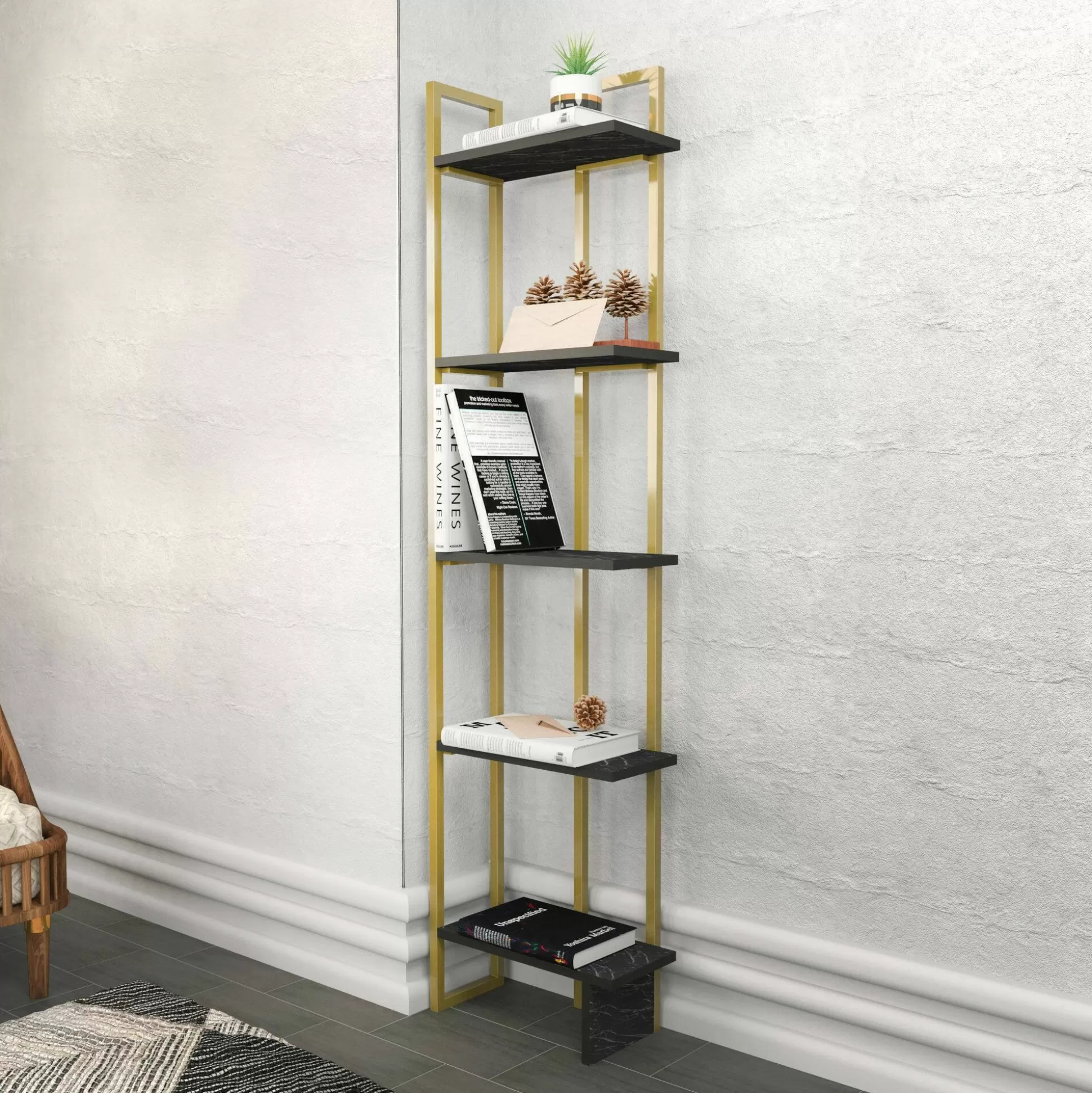 Dmora Librerie<Libreria Giraffa, 45x22h180 cm, Nero e Oro