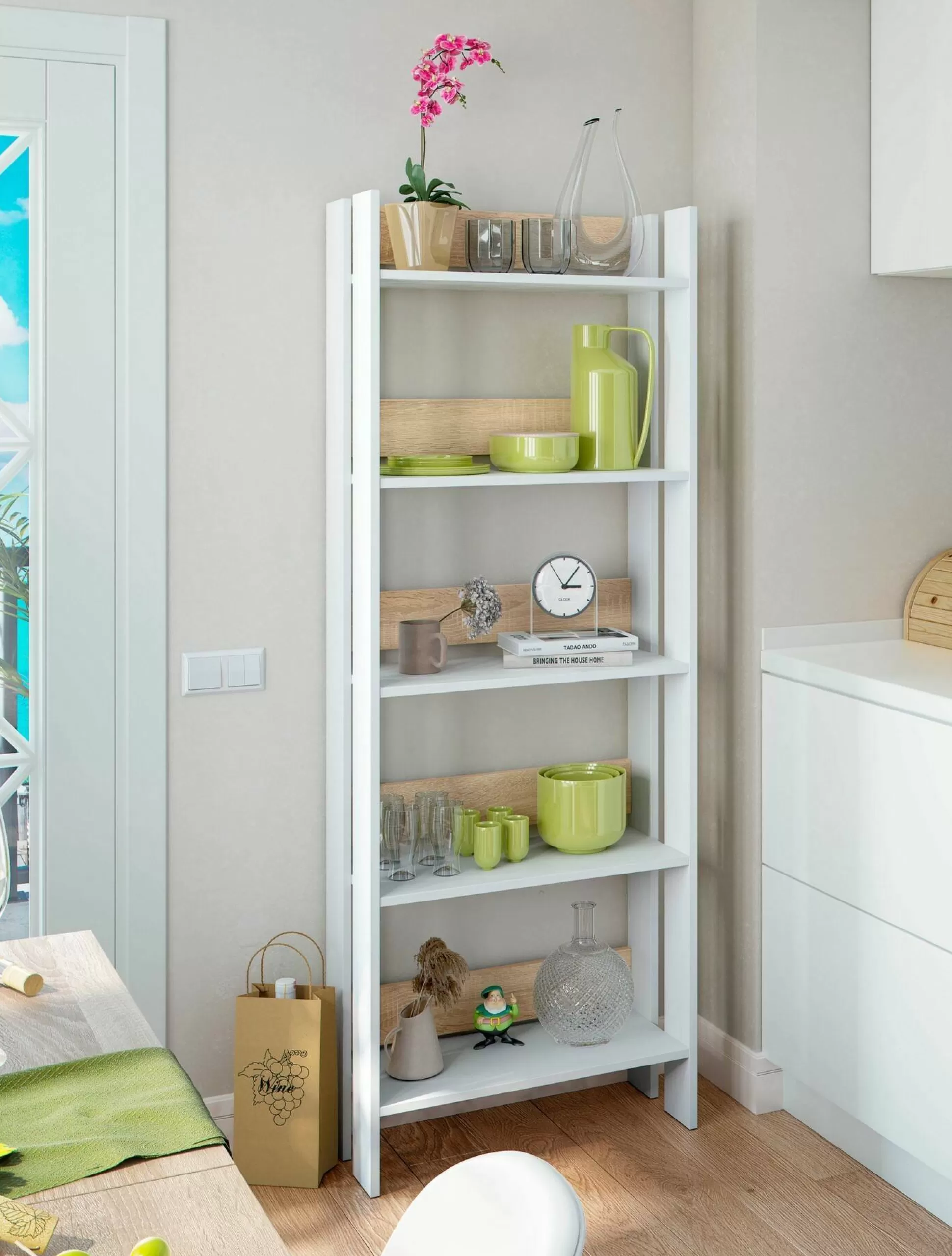 Dmora Librerie<Libreria Haruki, 57x27h170 cm, Bianco lucido e Rovere