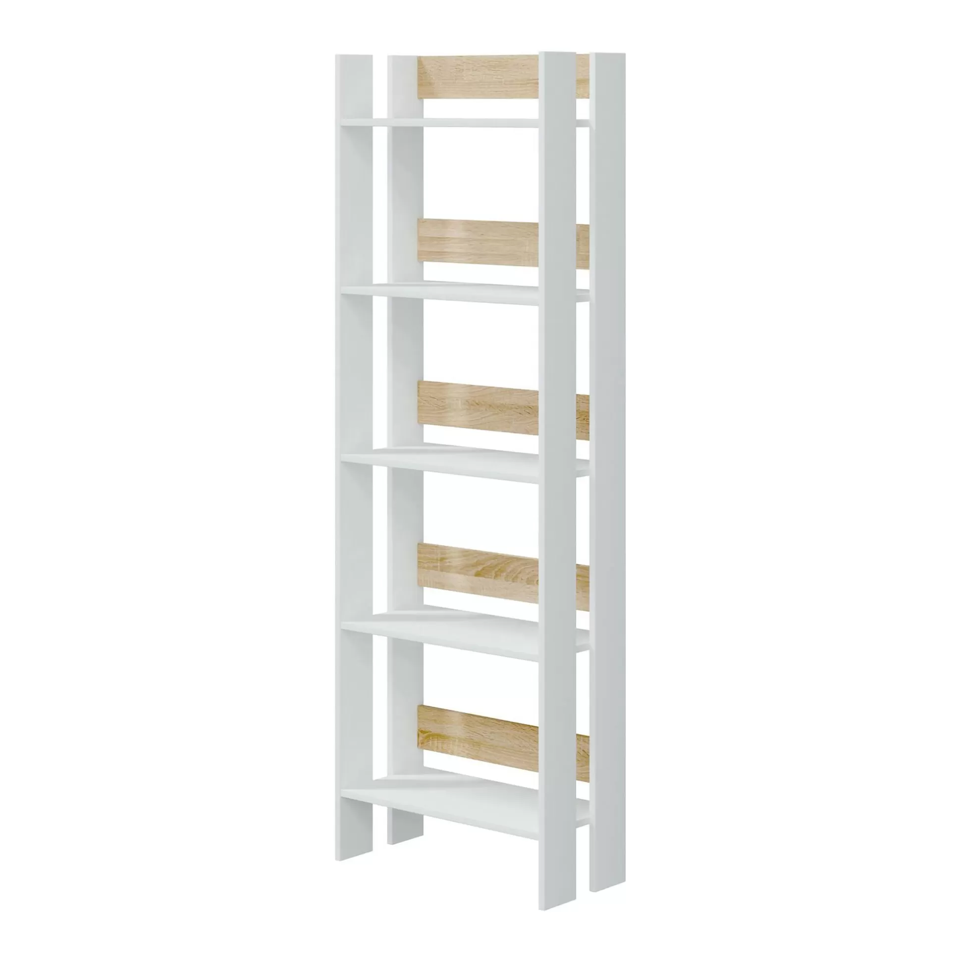 Dmora Librerie<Libreria Haruki, 57x27h170 cm, Bianco lucido e Rovere