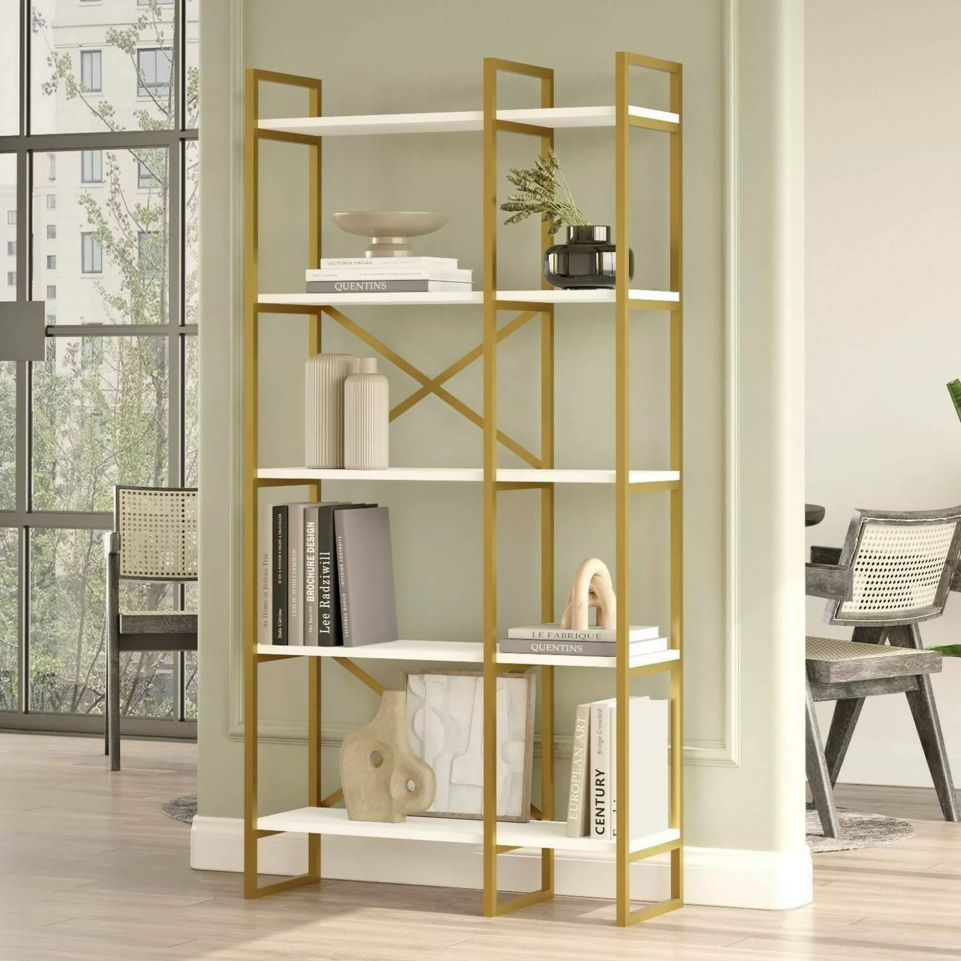 Dmora Librerie<Libreria Isla, 88x30h175 cm, Bianco e Oro