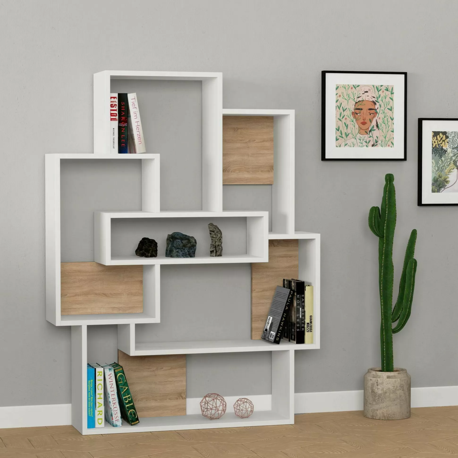 Dmora Librerie<Libreria KhaiMuk, 101x22 h132 cm, Bianco e Quercia
