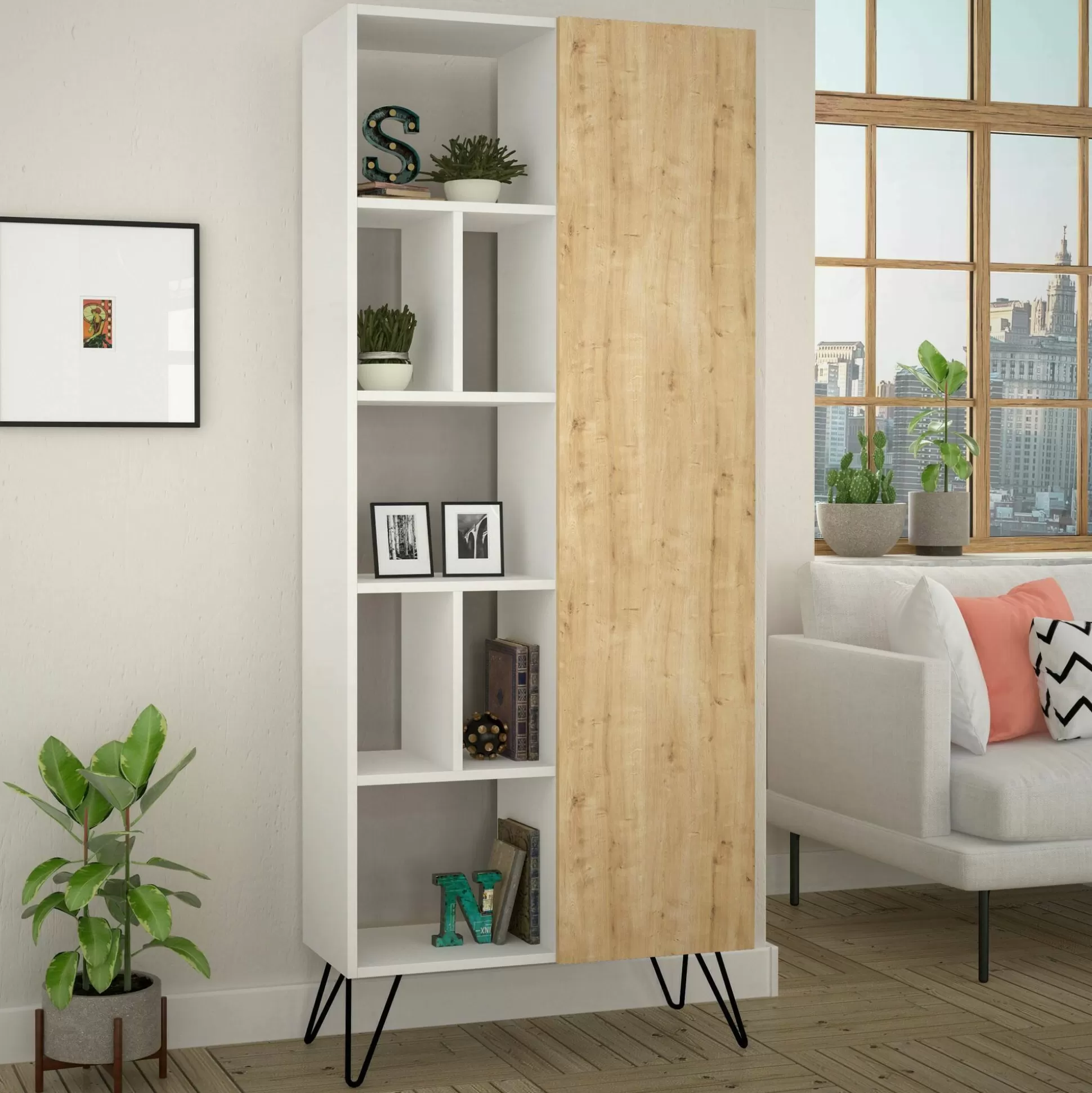 Dmora Librerie<Libreria Lince, 79x32 h190 cm, Bianco e Quercia