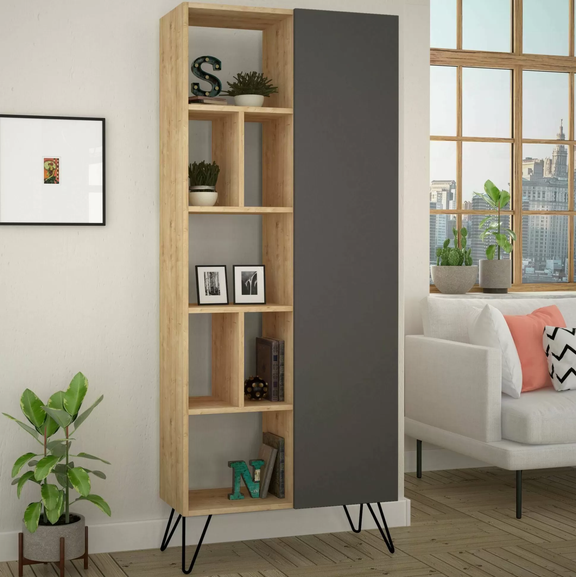 Dmora Librerie<Libreria Lince, 79x32 h190 cm, Quercia e Antracite