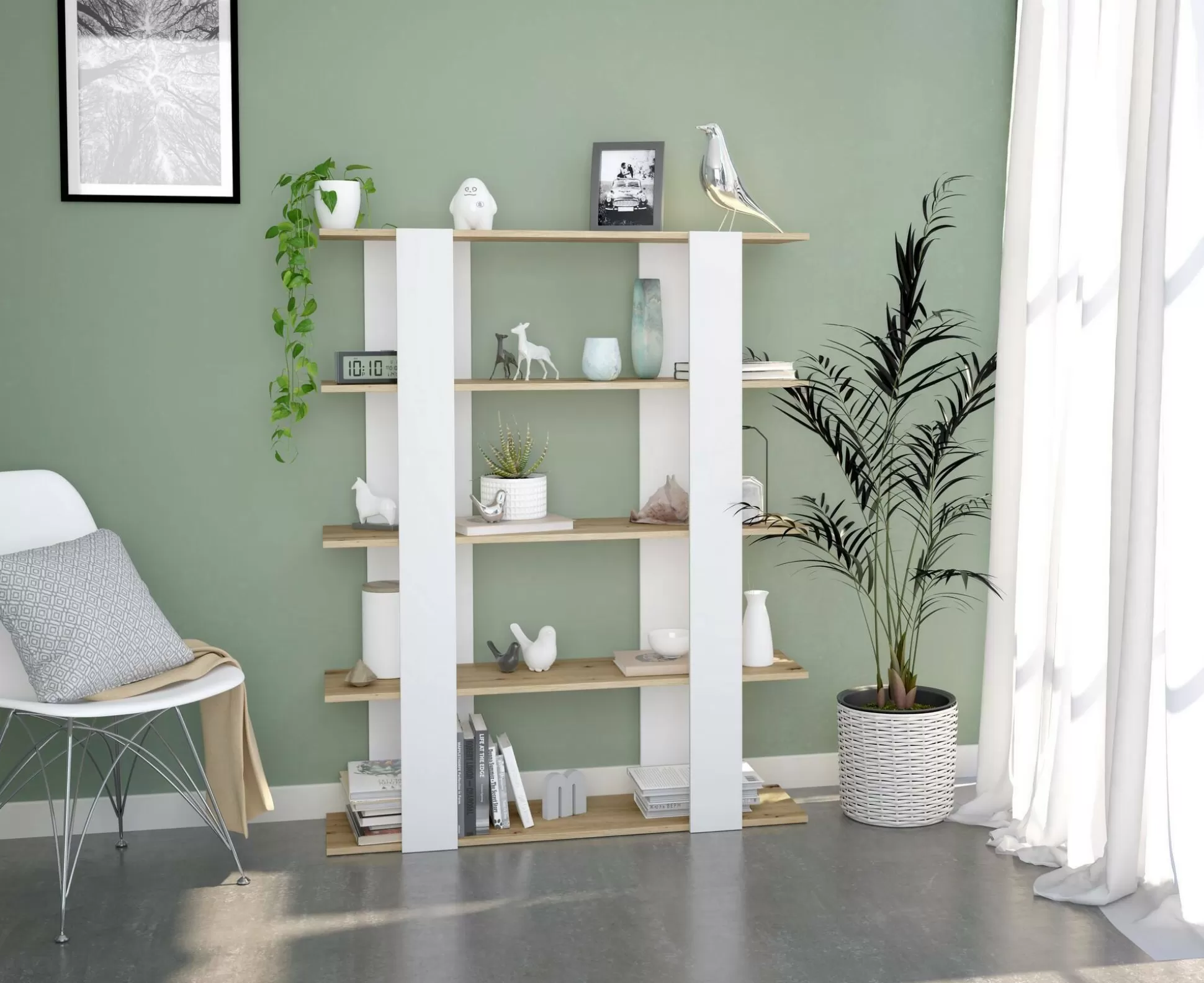 Dmora Librerie<Libreria Madreperla, 108x31h136 cm, Rovere Nodi e Bianco lucido