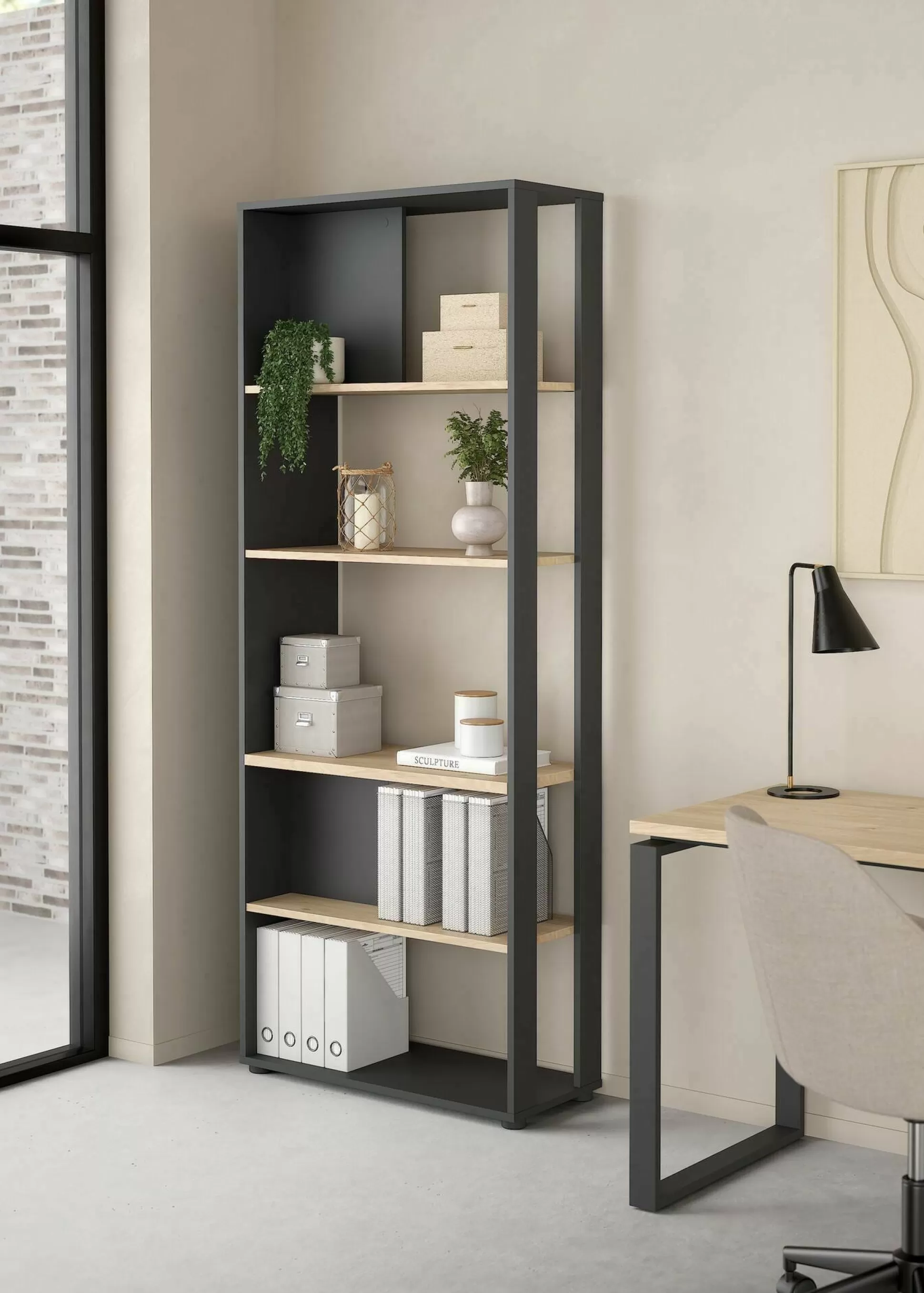 Dmora Librerie<Libreria MuGuiying, 34x80 h205 cm, Rovere e Grigio