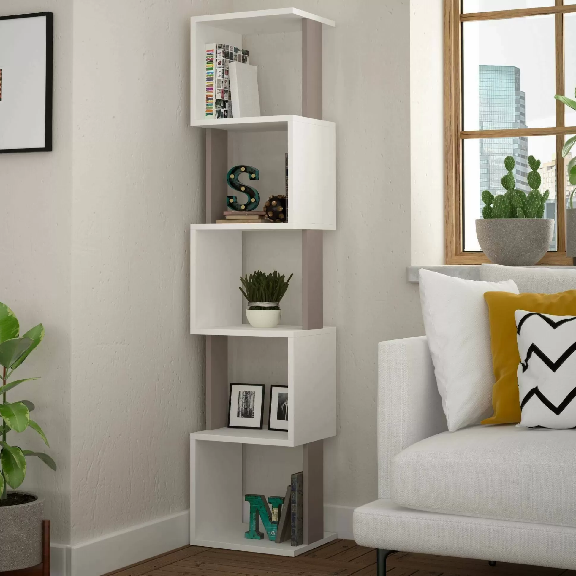 Dmora Librerie<Libreria Nada, 35x30h161 cm, Bianco e Tortora