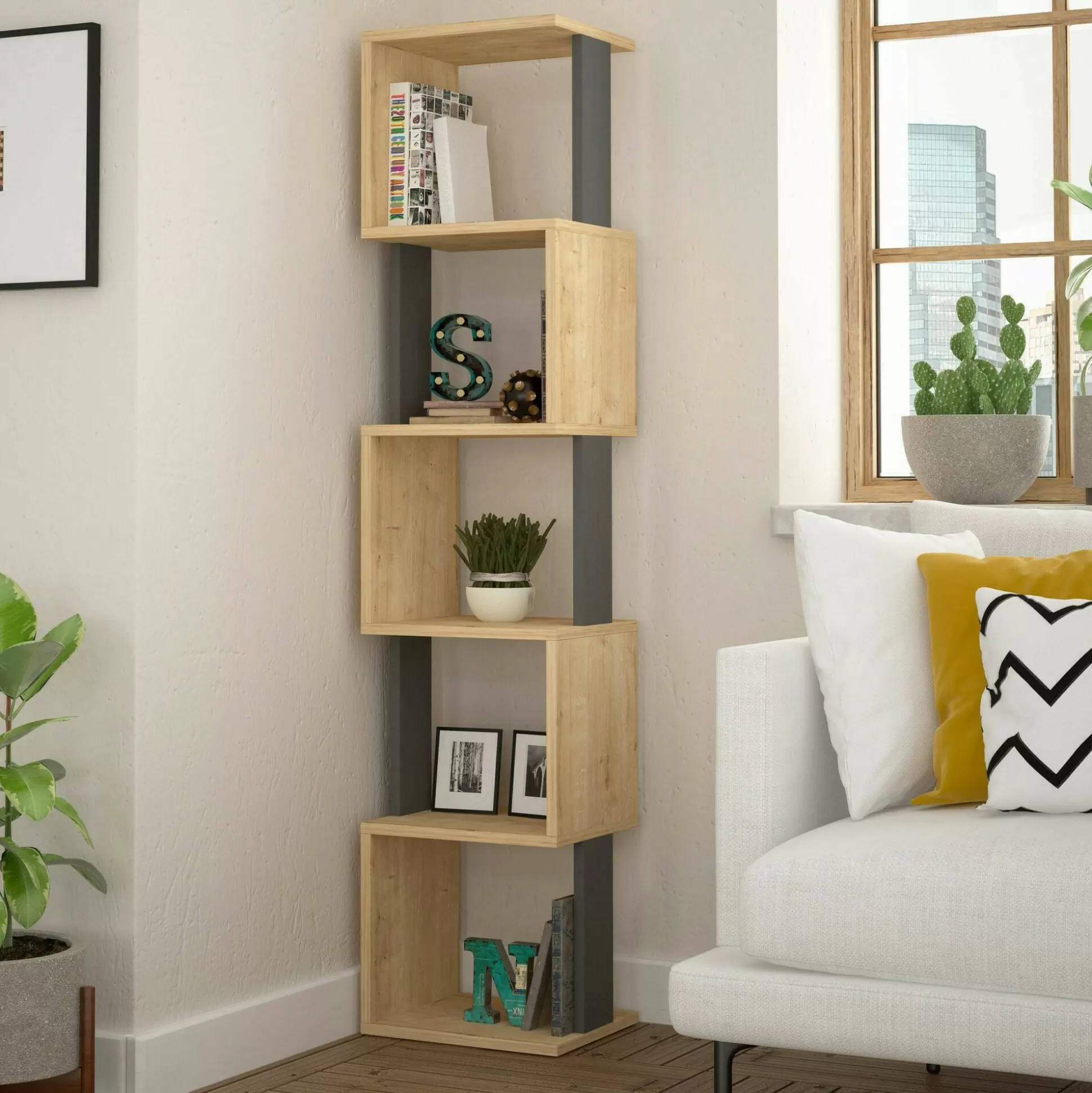 Dmora Librerie<Libreria Nada, 35x30h161 cm, Quercia e Antracite