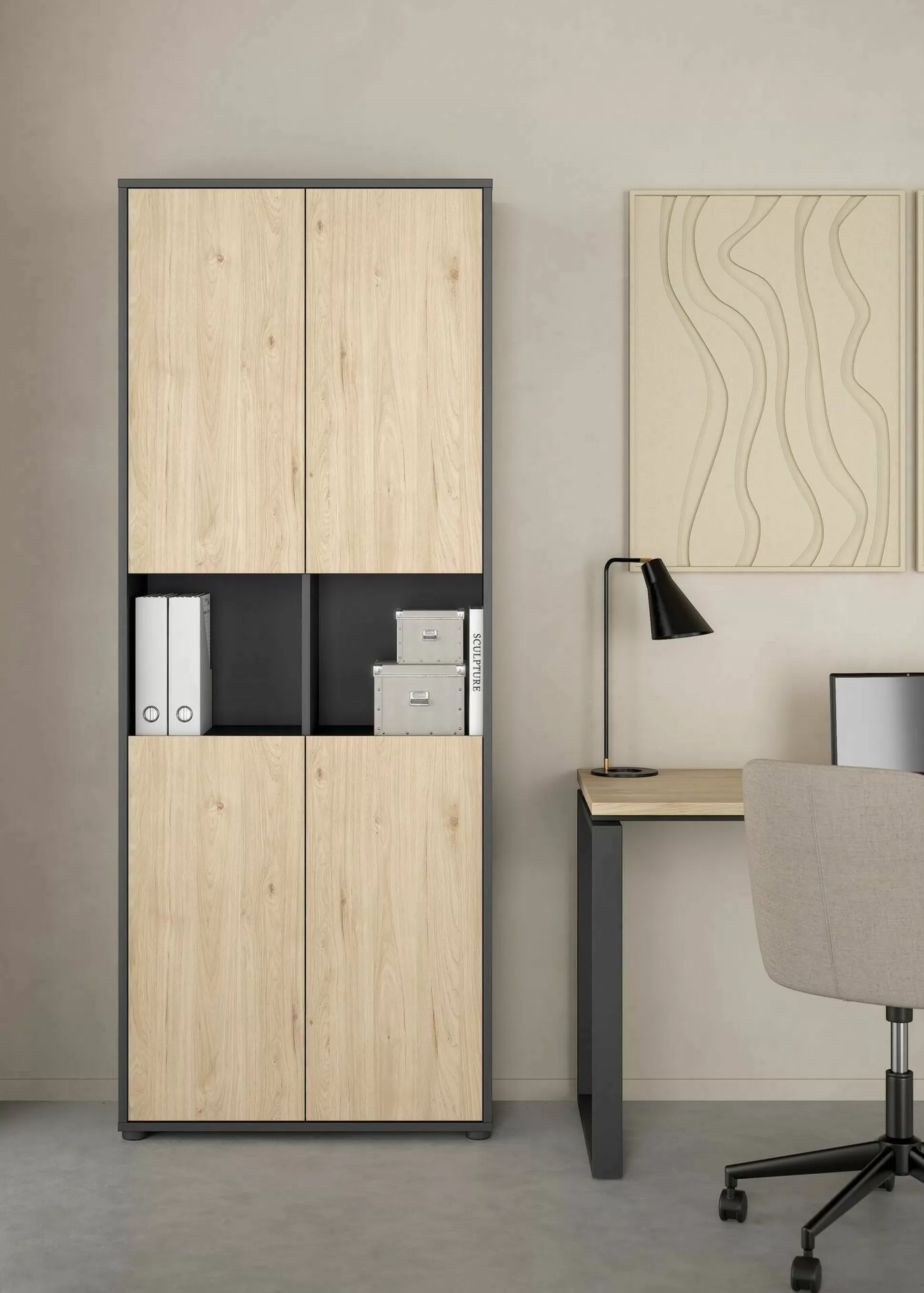Dmora Librerie<Libreria Pierre, 34x80 h205 cm, Rovere e Grigio