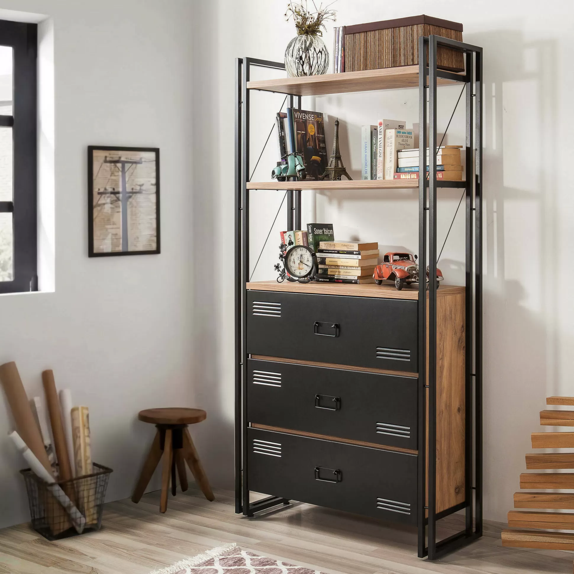 Dmora Librerie<Libreria Podul, 90x35 h180 cm, Quercia e Nero