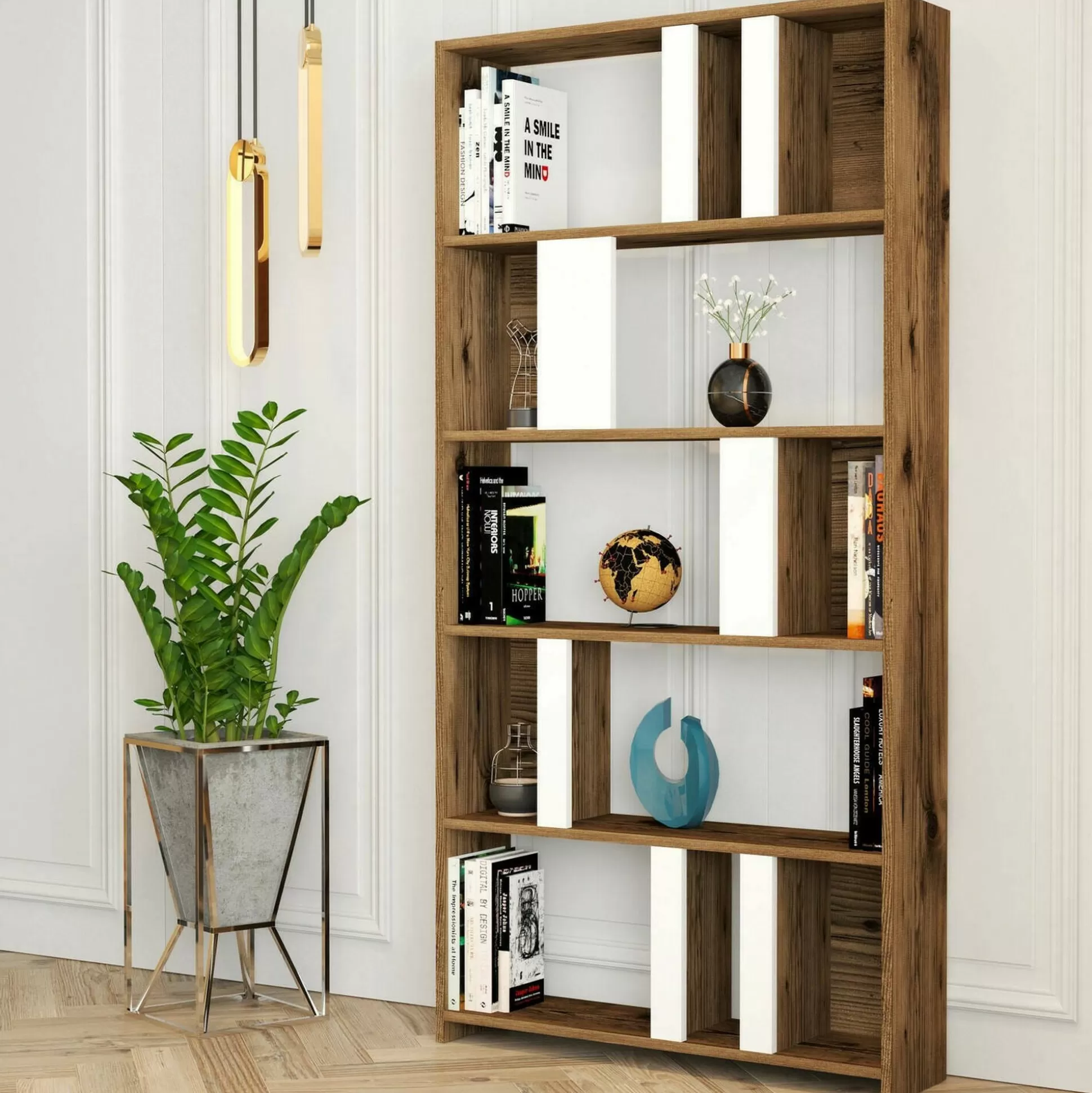 Dmora Librerie<Libreria Scapolita, 90x20h180 cm, Noce e Bianco