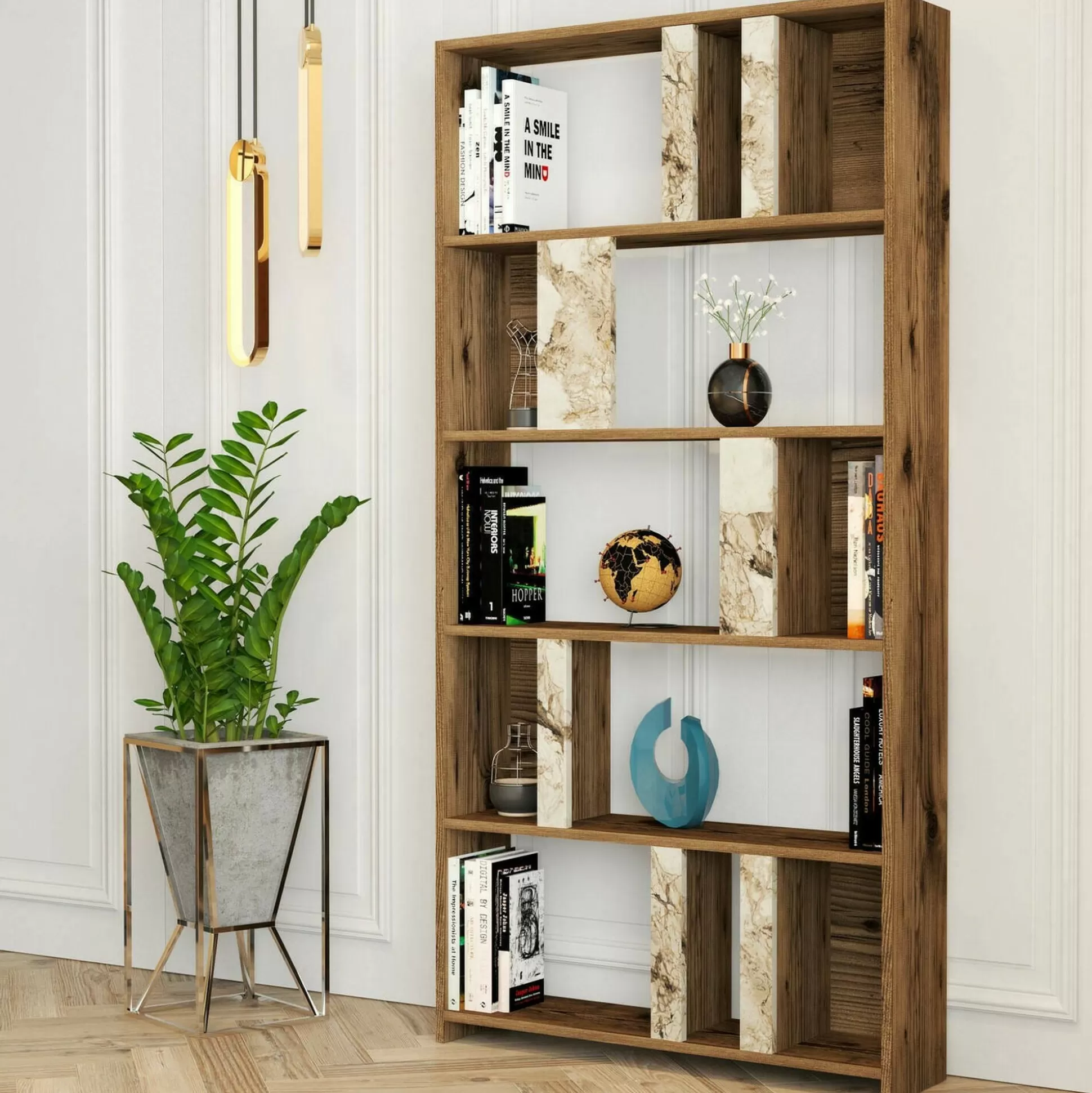 Dmora Librerie<Libreria Scapolita, 90x20h180 cm, Noce e Bianco Marmo