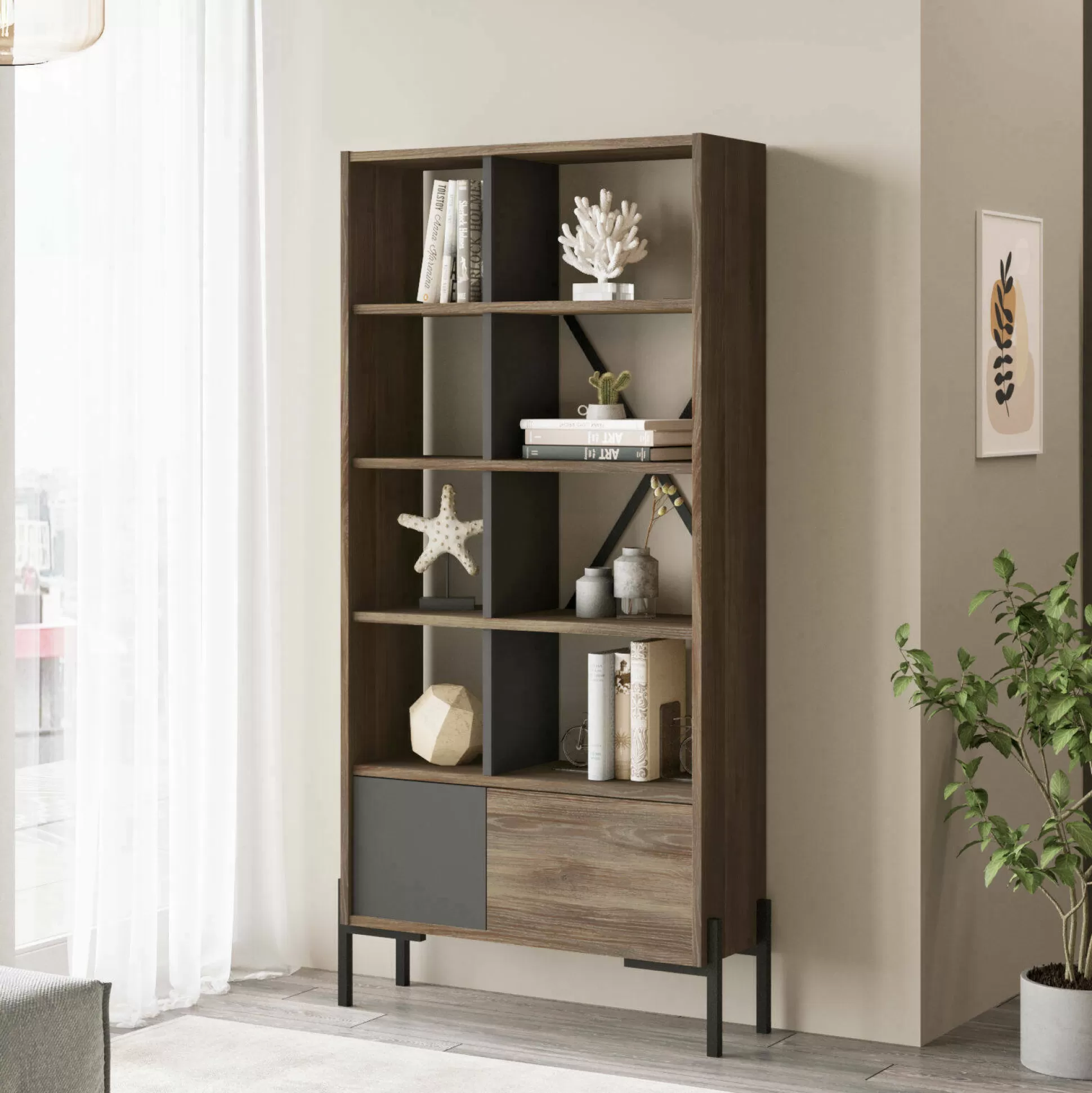 Dmora Librerie<Libreria Simon, 80x26 h160 cm, Marrone e Antracite