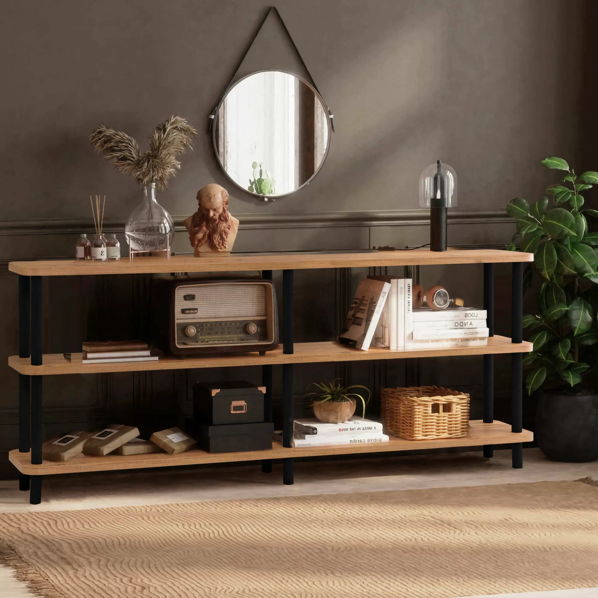 Dmora Librerie<Libreria Thuja, 180x35 h75 cm, Nero e Quercia