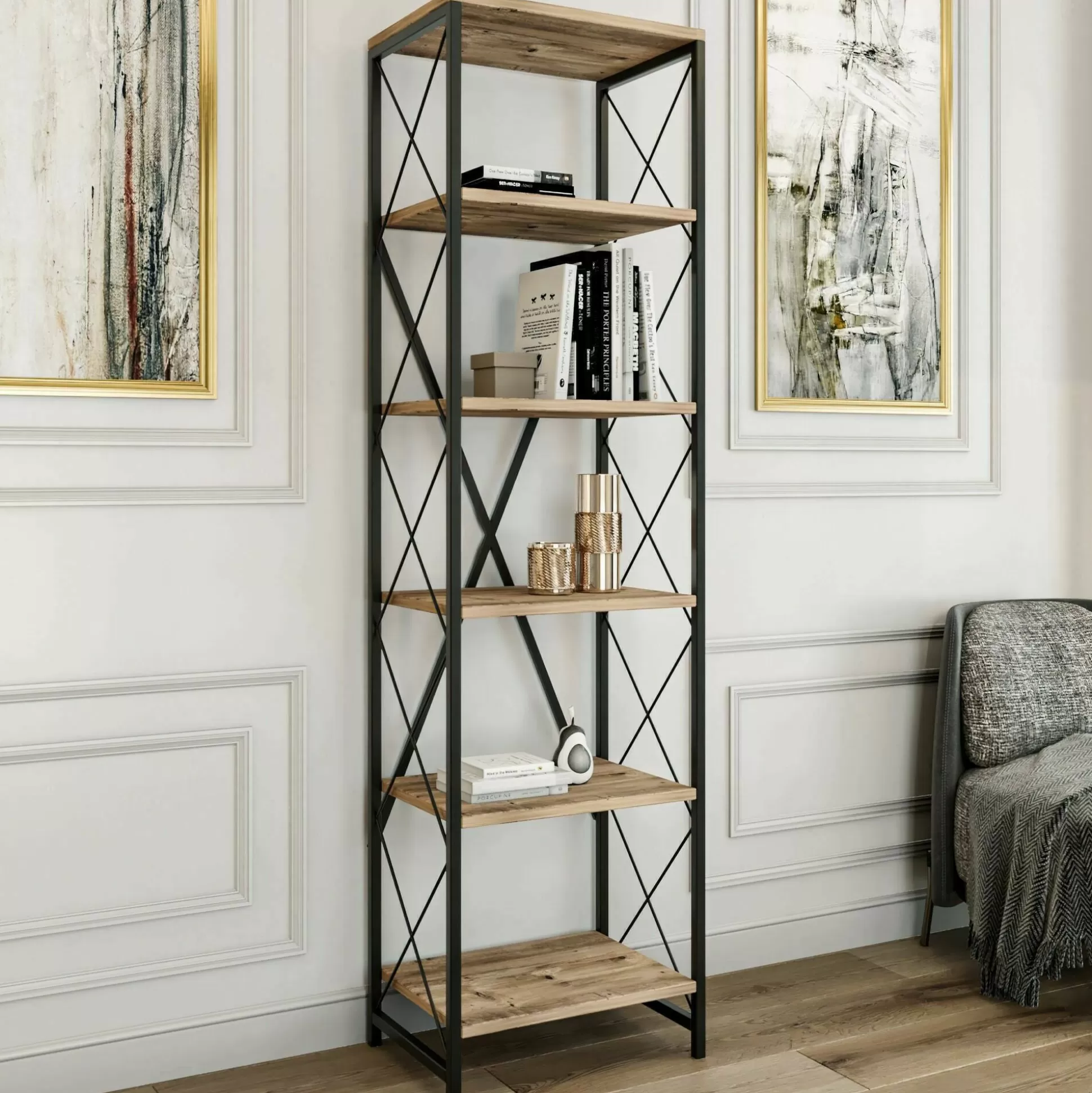 Dmora Librerie<Libreria Yara, 50x30h180 cm, Quercia e Nero