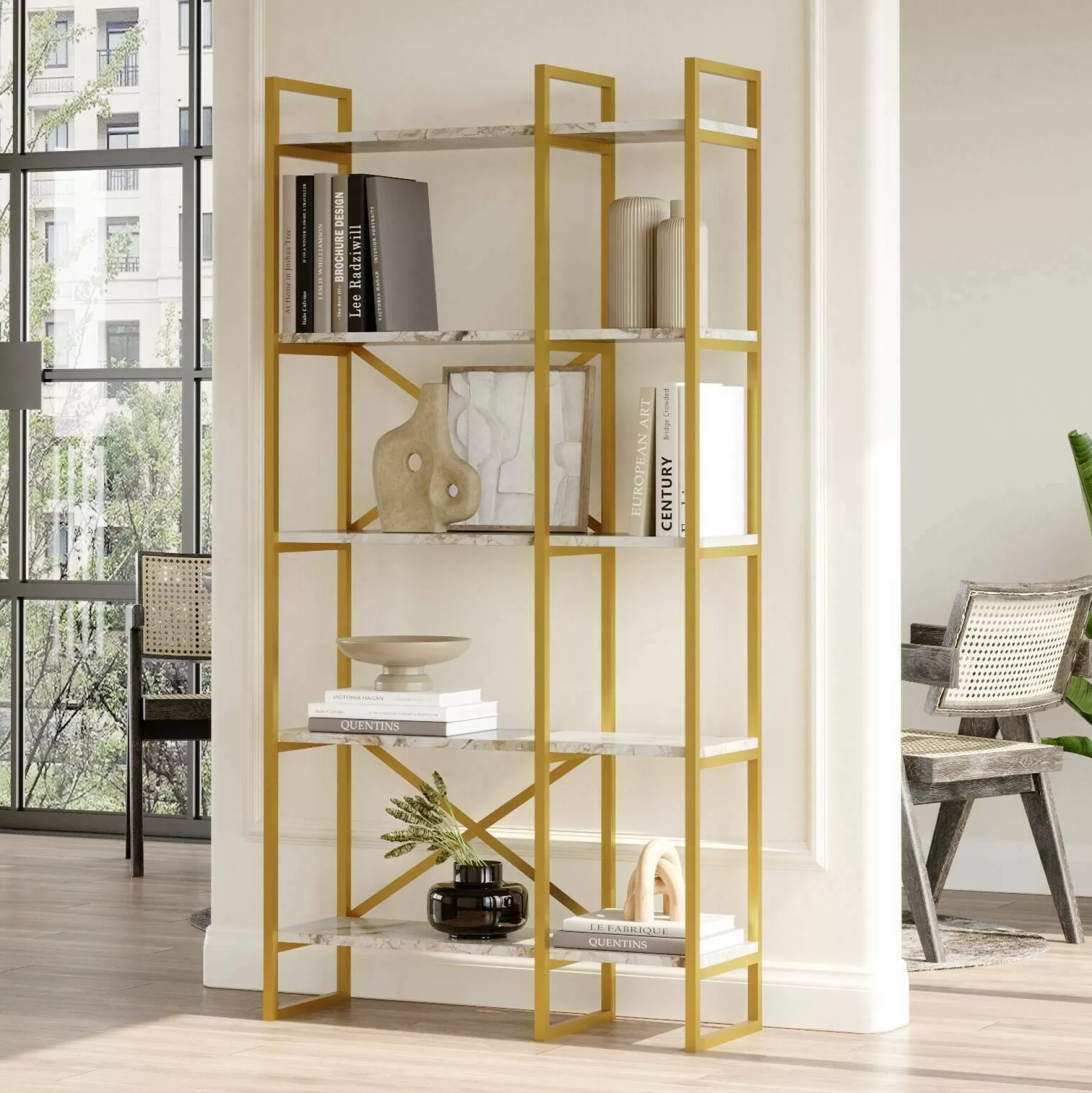 Dmora Librerie<Libreria Zephirine, 88x30 h175 cm, Oro e Bianco Marmo