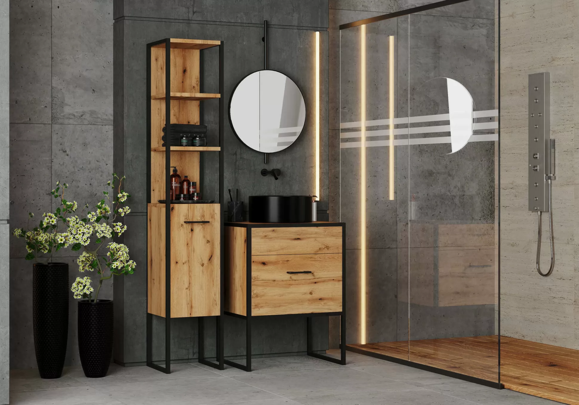 Dmora Mobili Colonna<Mobile colonna Isko, 33x33 h180 cm, Quercia e Nero