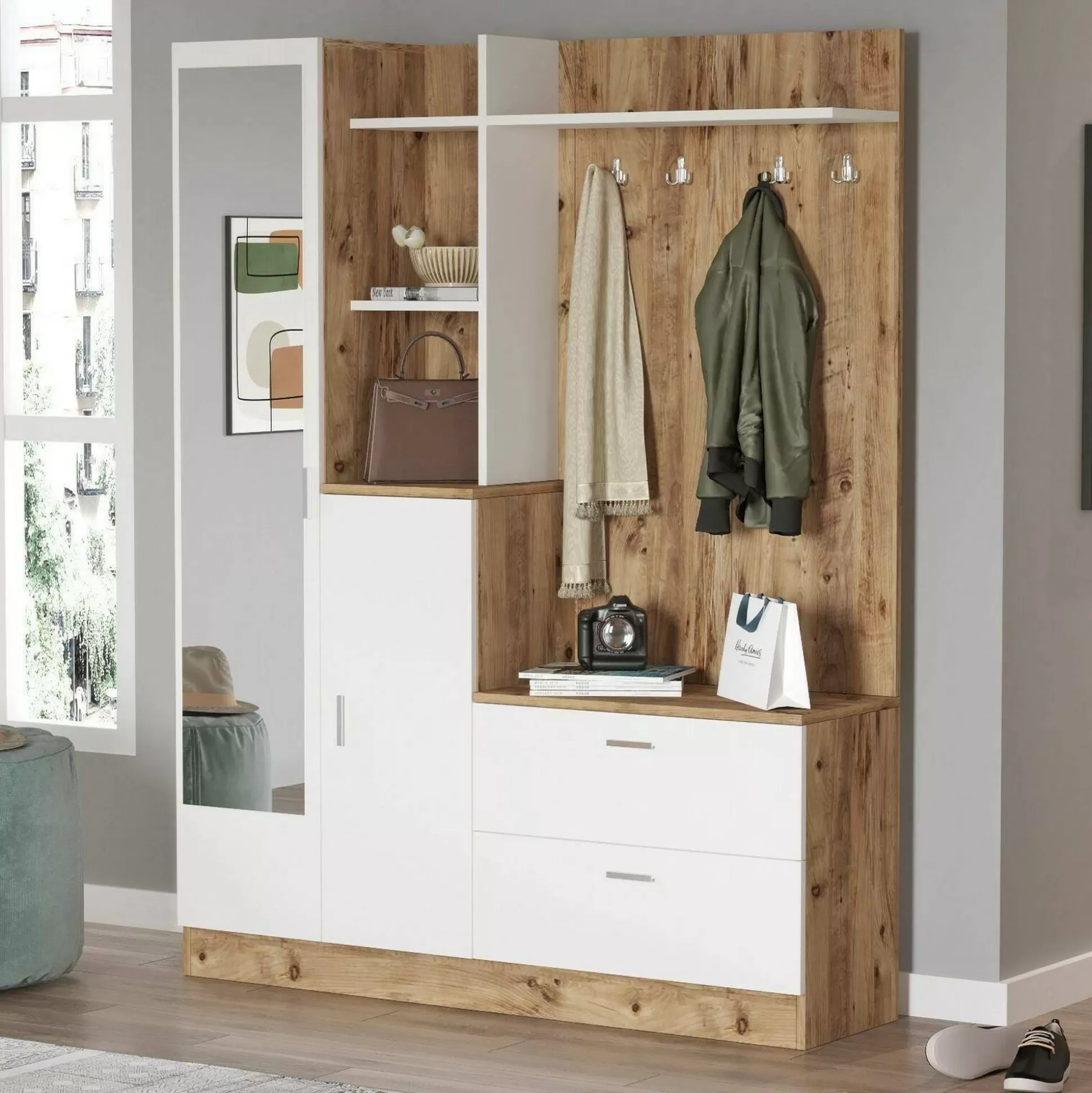 Dmora Mobili Da Ingresso<Mobile da ingresso Anumali, 140x37h182 cm, Quercia e Bianco