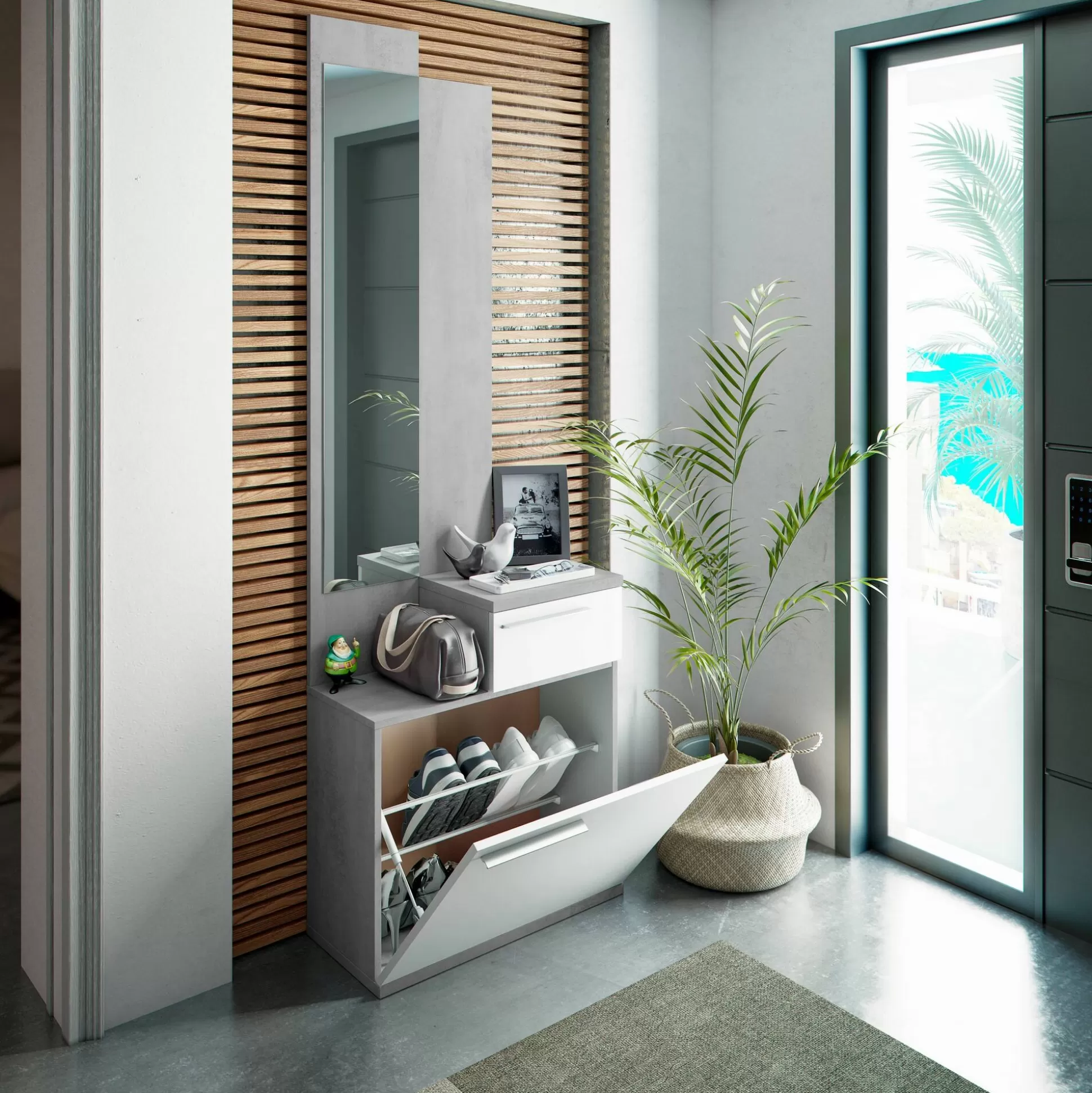 Dmora Mobili Da Ingresso<Mobile da ingresso Azzurro, 61x28h185 cm, Cemento e Bianco lucido