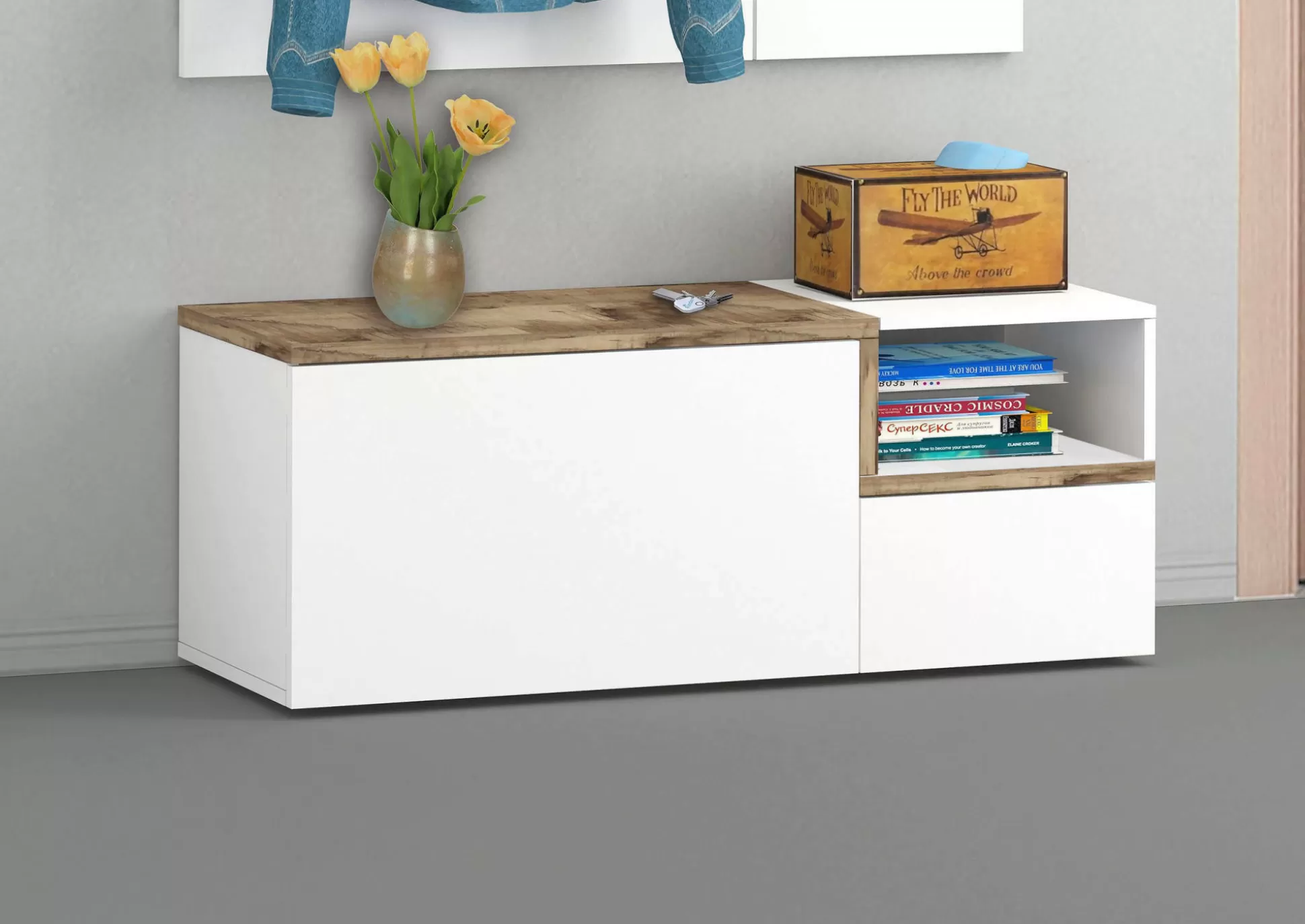 Dmora Mobili Da Ingresso<Mobile da ingresso Ddarmia, cm 120x40h54, Bianco lucido e Acero