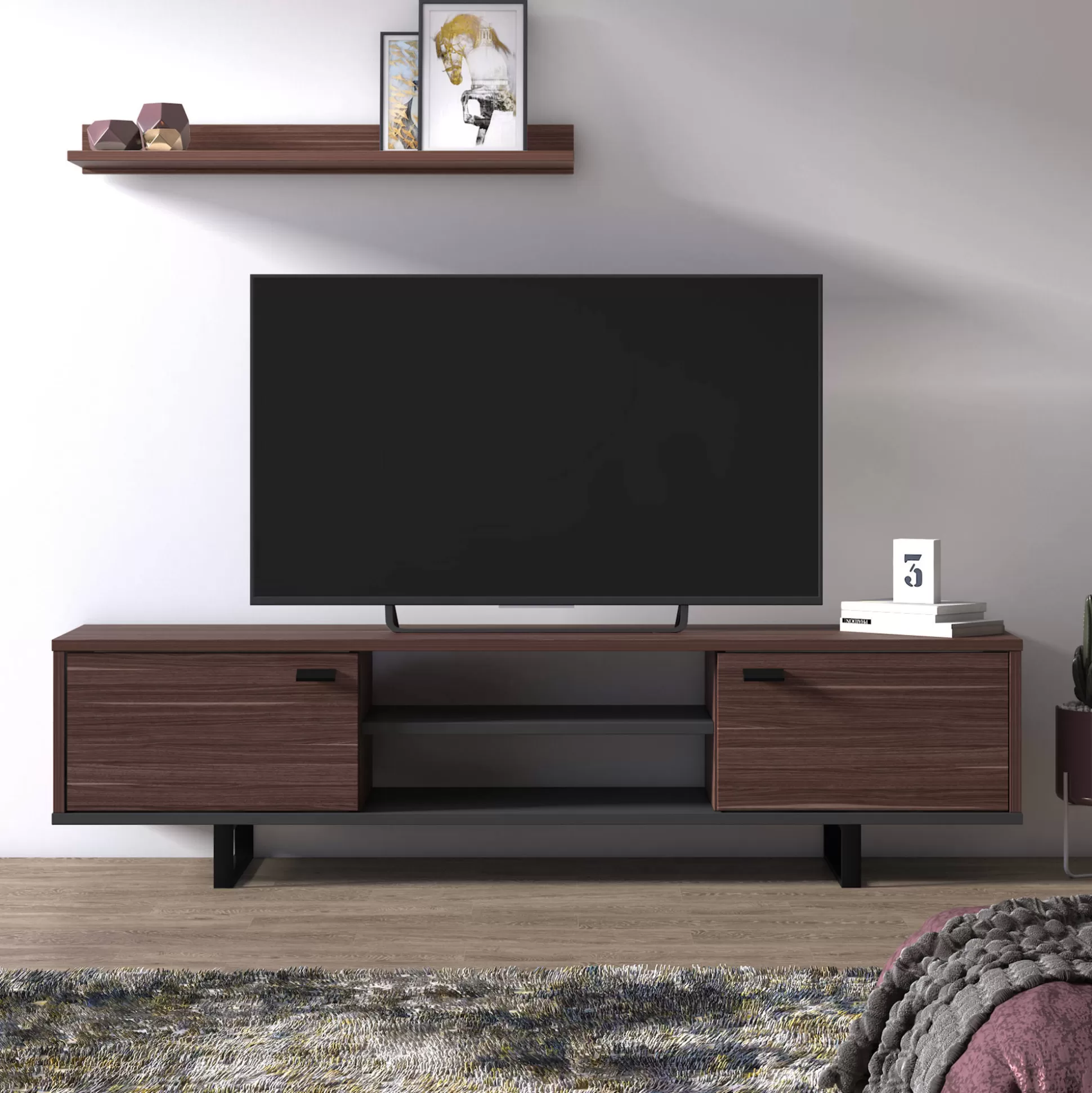 Dmora Mobili Porta Tv<Mobile da soggiorno porta TV con due ante e due ripiani, cm 150 x 35 x 44, colore e antracite