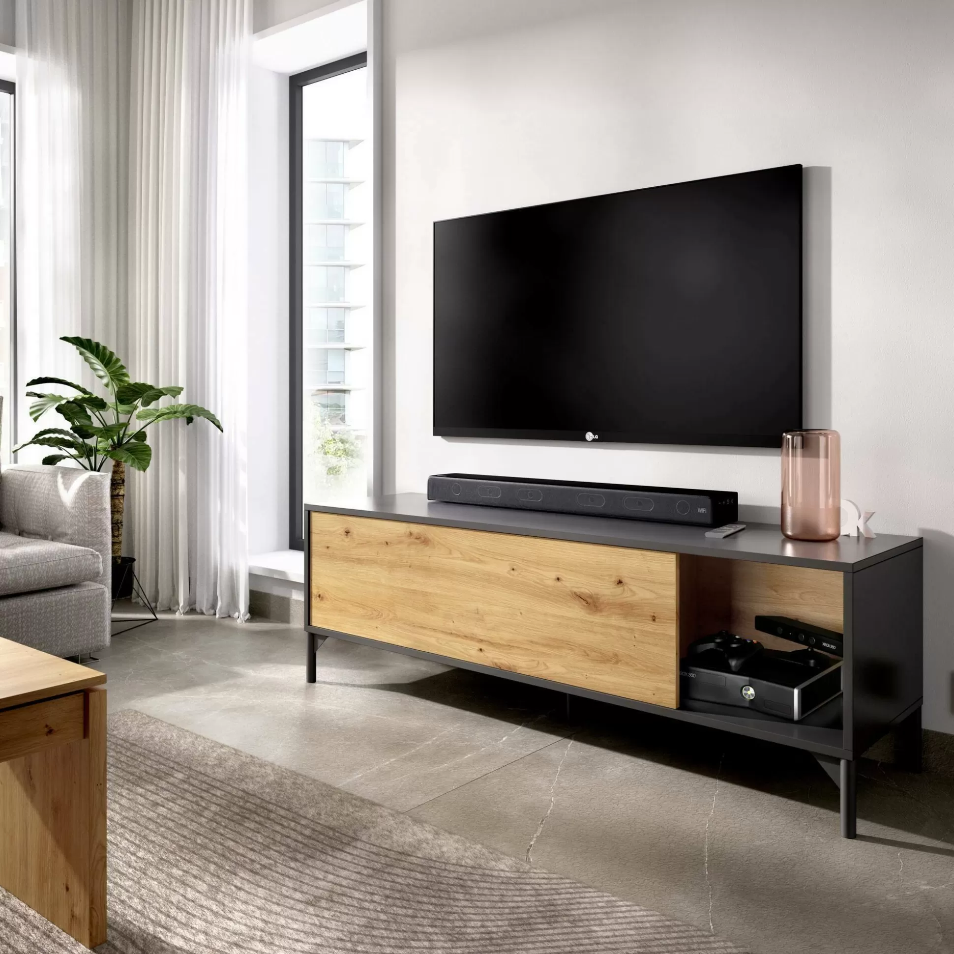 Dmora Mobili Porta Tv<Mobile porta TV Abcd, 132x39h44 cm, Rovere Nodi e Antracite