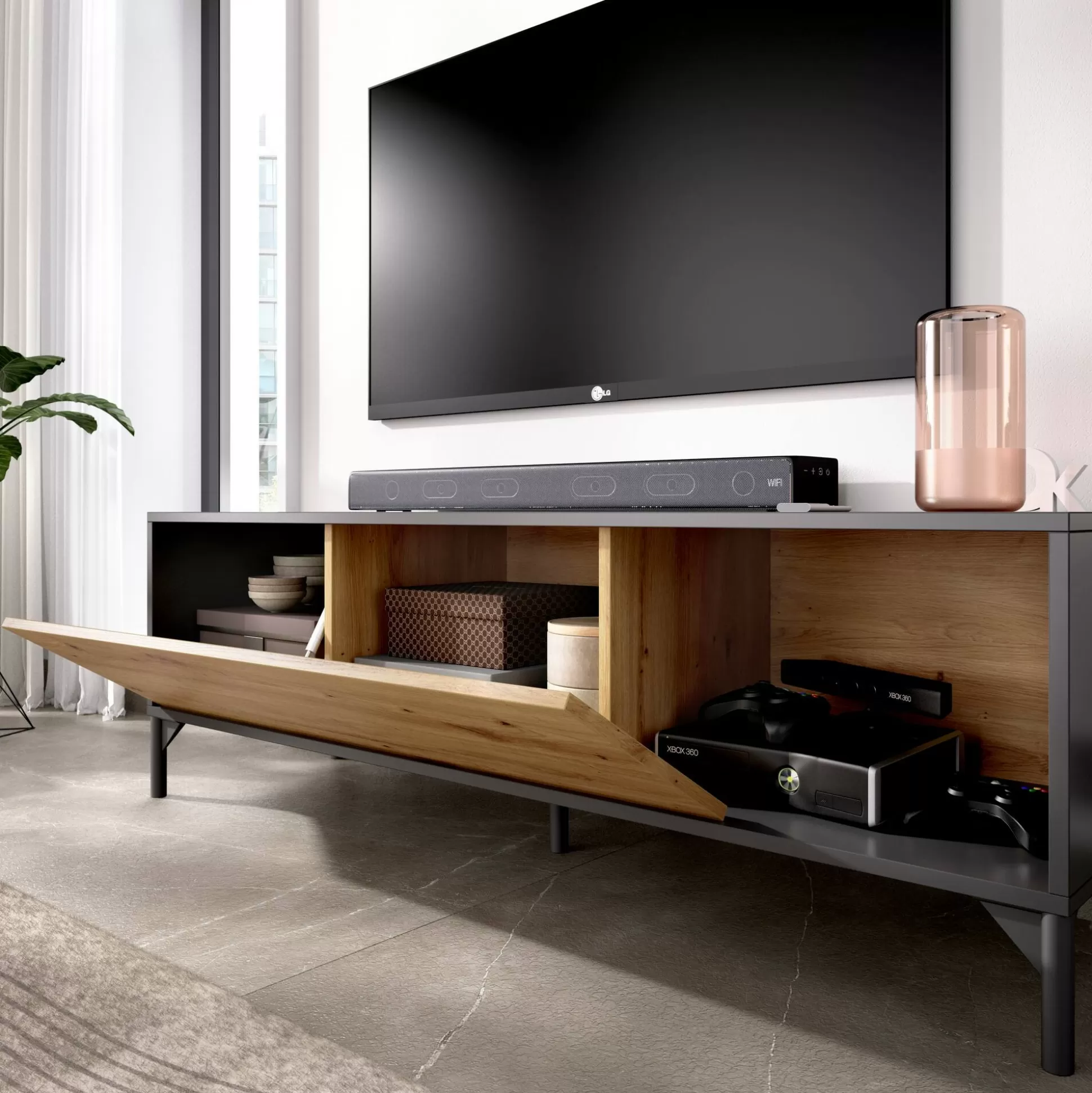 Dmora Mobili Porta Tv<Mobile porta TV Abcd, 132x39h44 cm, Rovere Nodi e Antracite