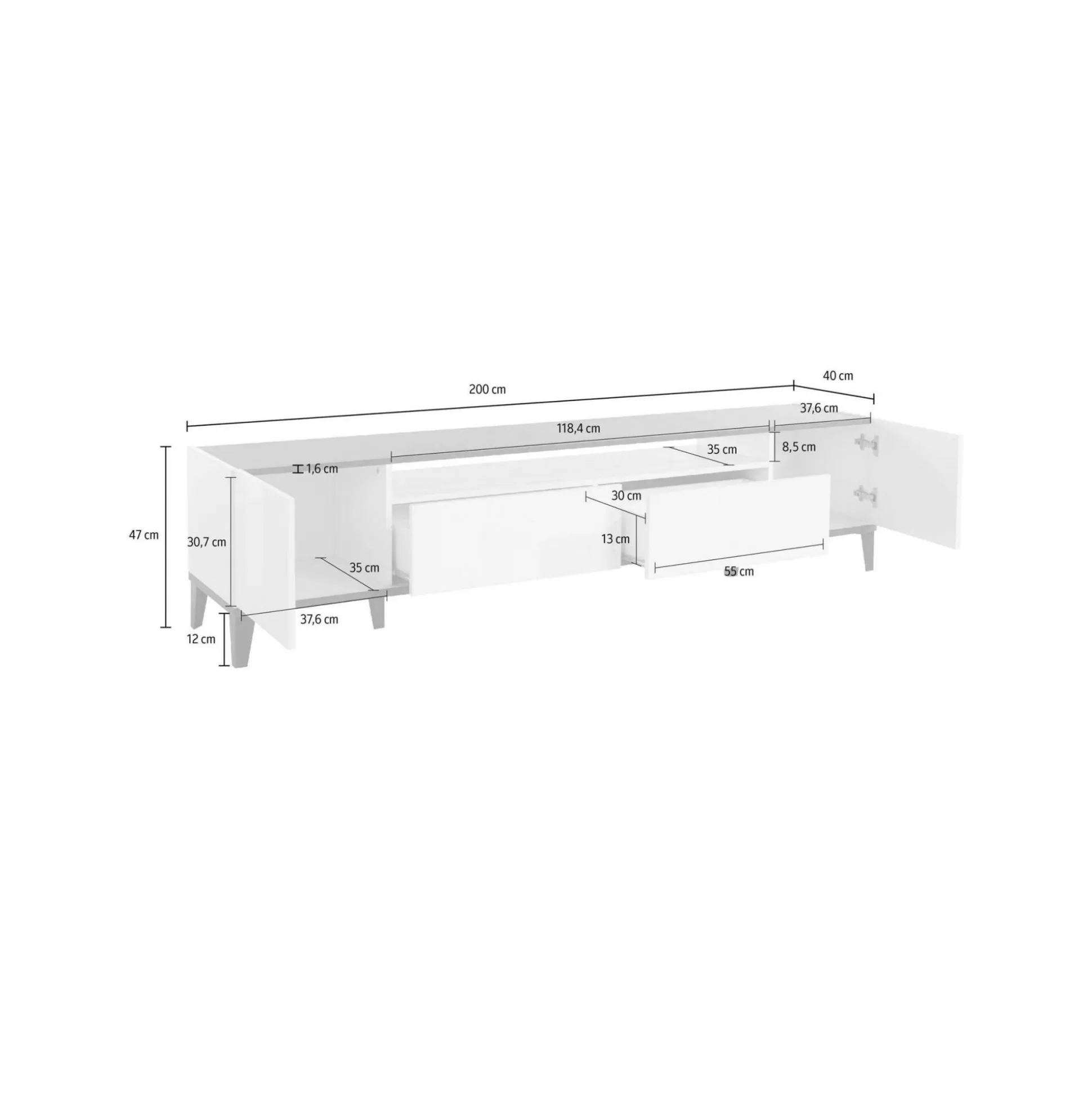 Dmora Mobili Porta Tv<Mobile porta TV Abina, cm 200x40h47, Bianco lucido e Acero