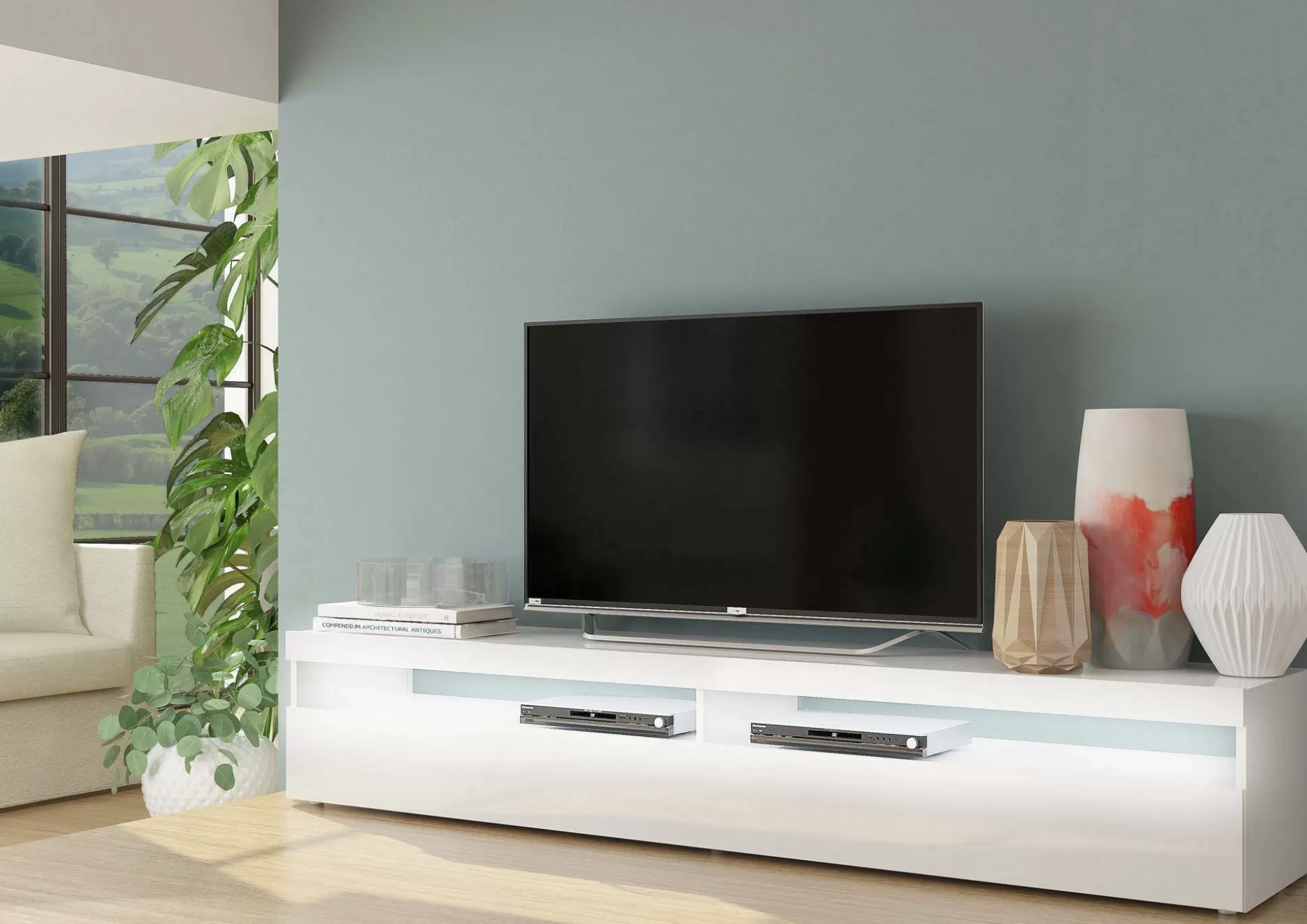 Dmora Mobili Porta Tv<Mobile porta TV Akon, Bianco lucido, con luce LED