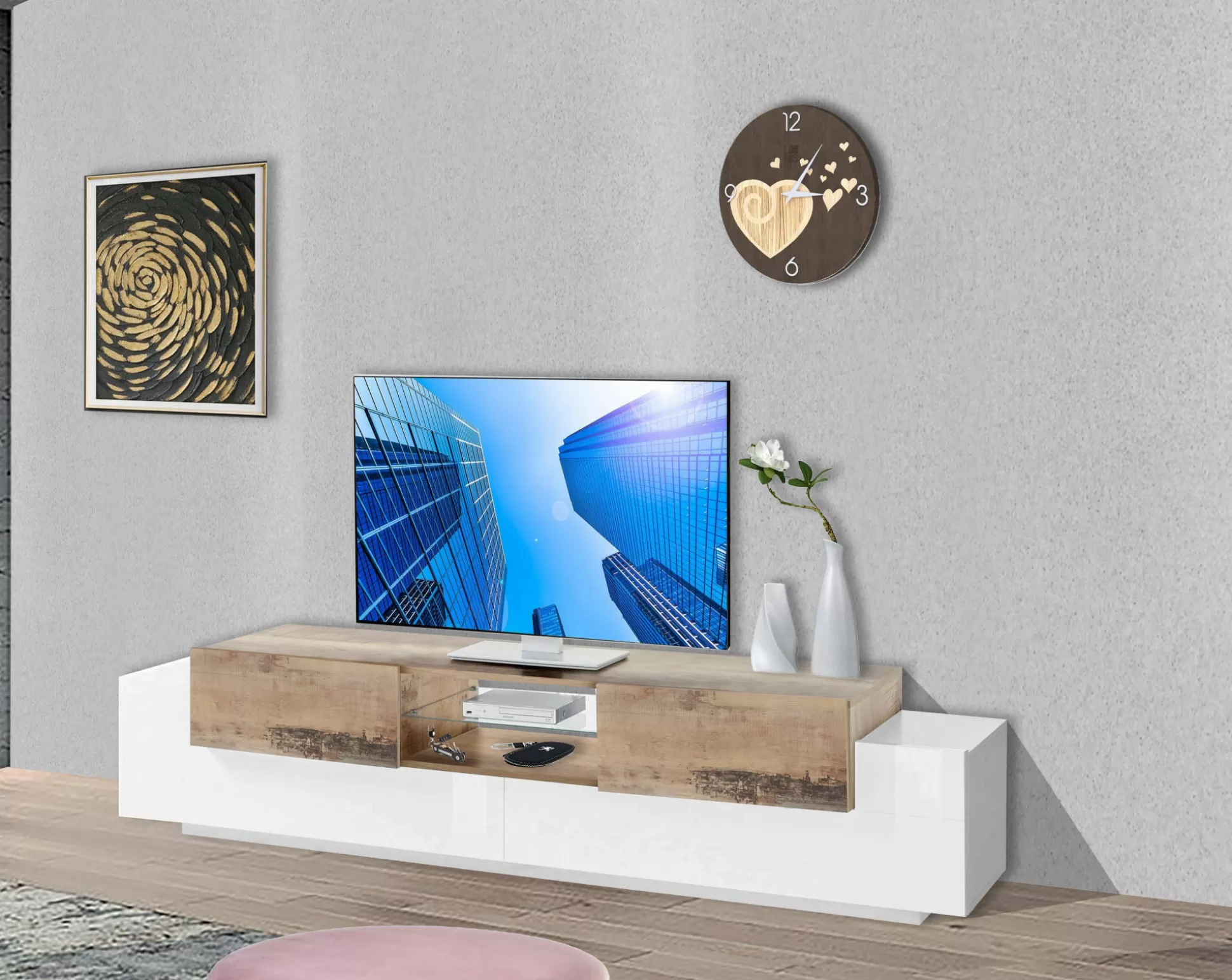 Dmora Mobili Porta Tv<Mobile porta TV Amato, cm 220x45h51, Bianco lucido e Acero